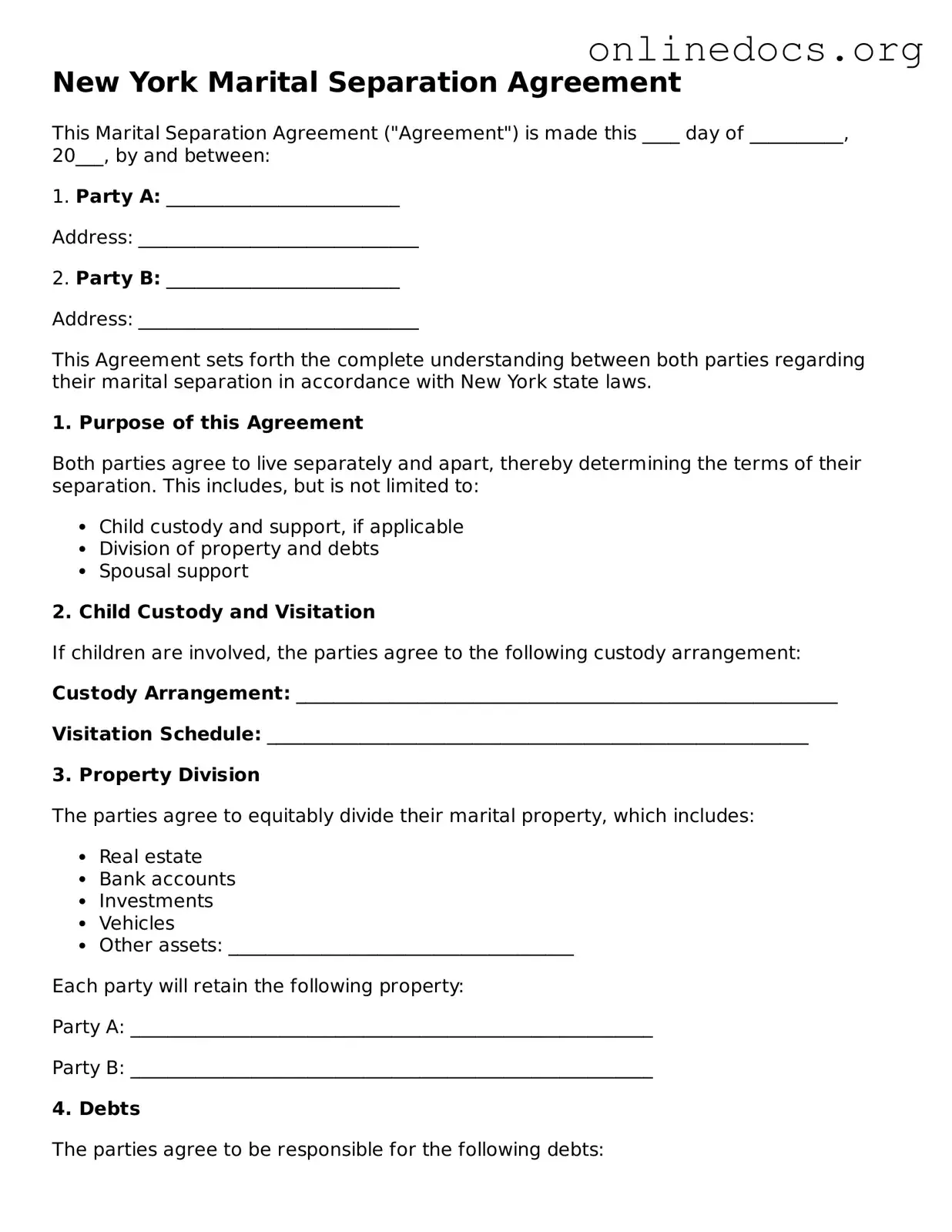 Fillable  Marital Separation Agreement Form for New York