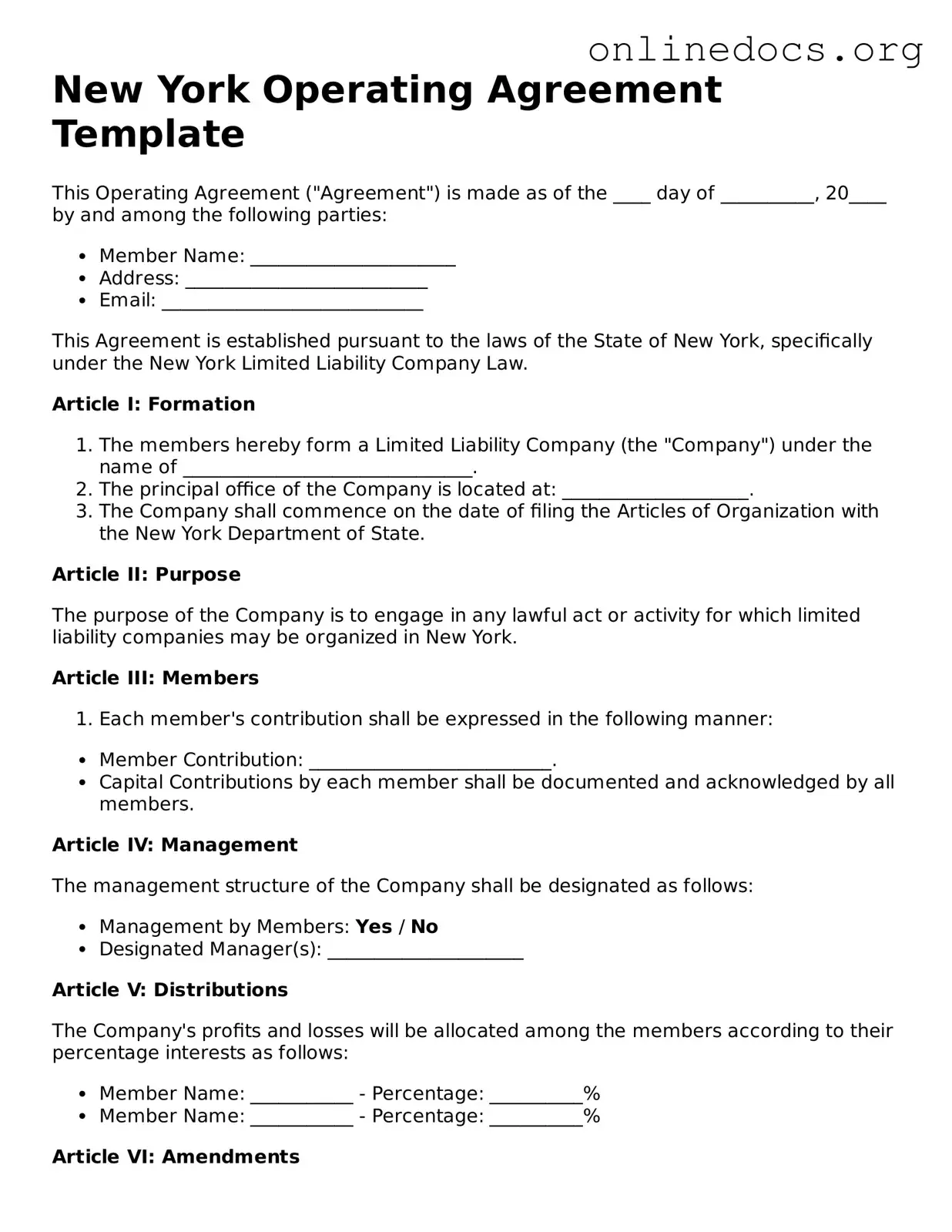 Fillable  Operating Agreement Form for New York