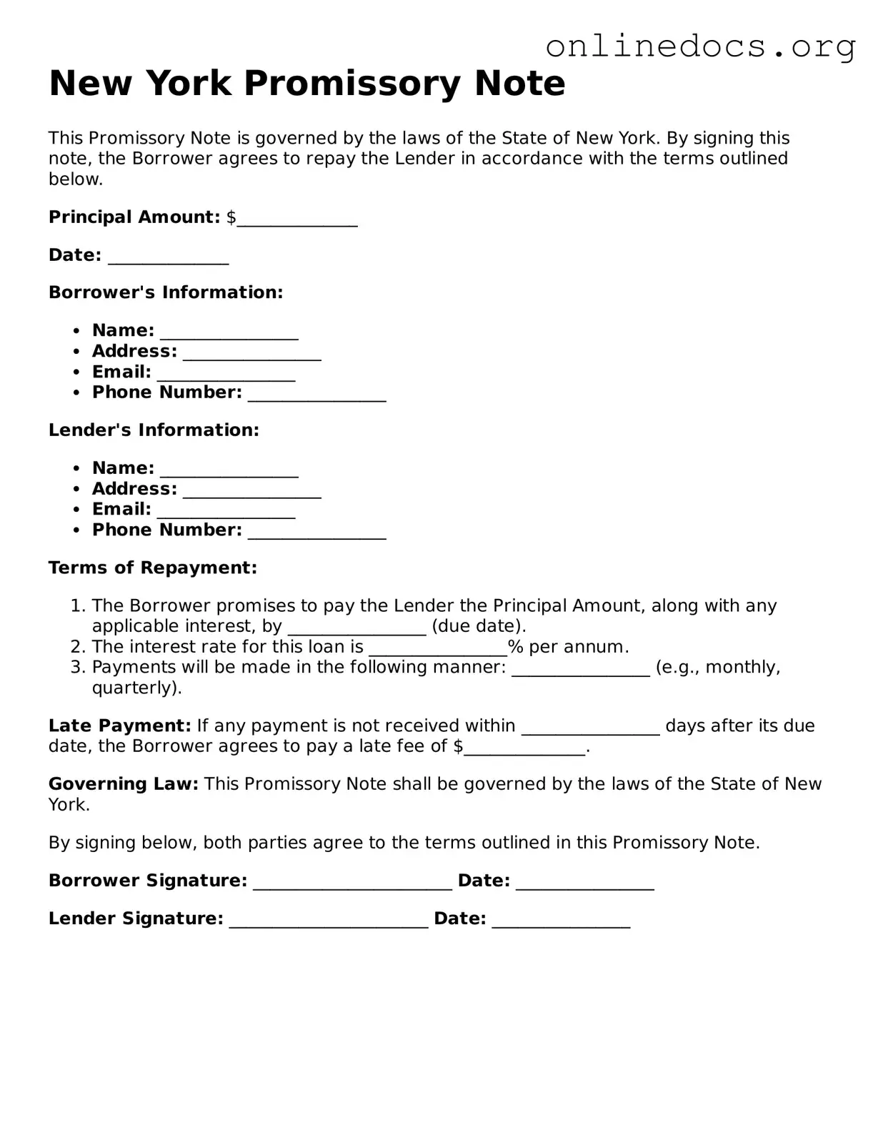 Fillable  Promissory Note Form for New York