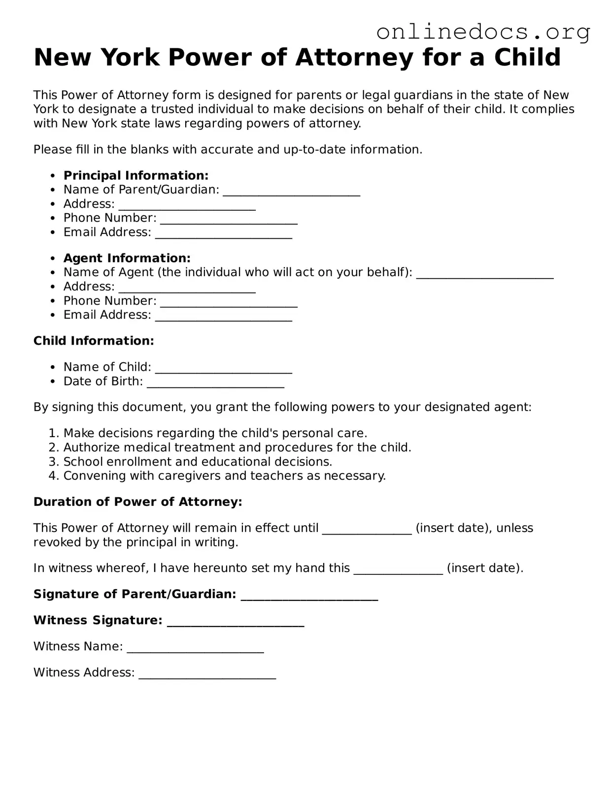 Fillable  Power of Attorney for a Child Form for New York