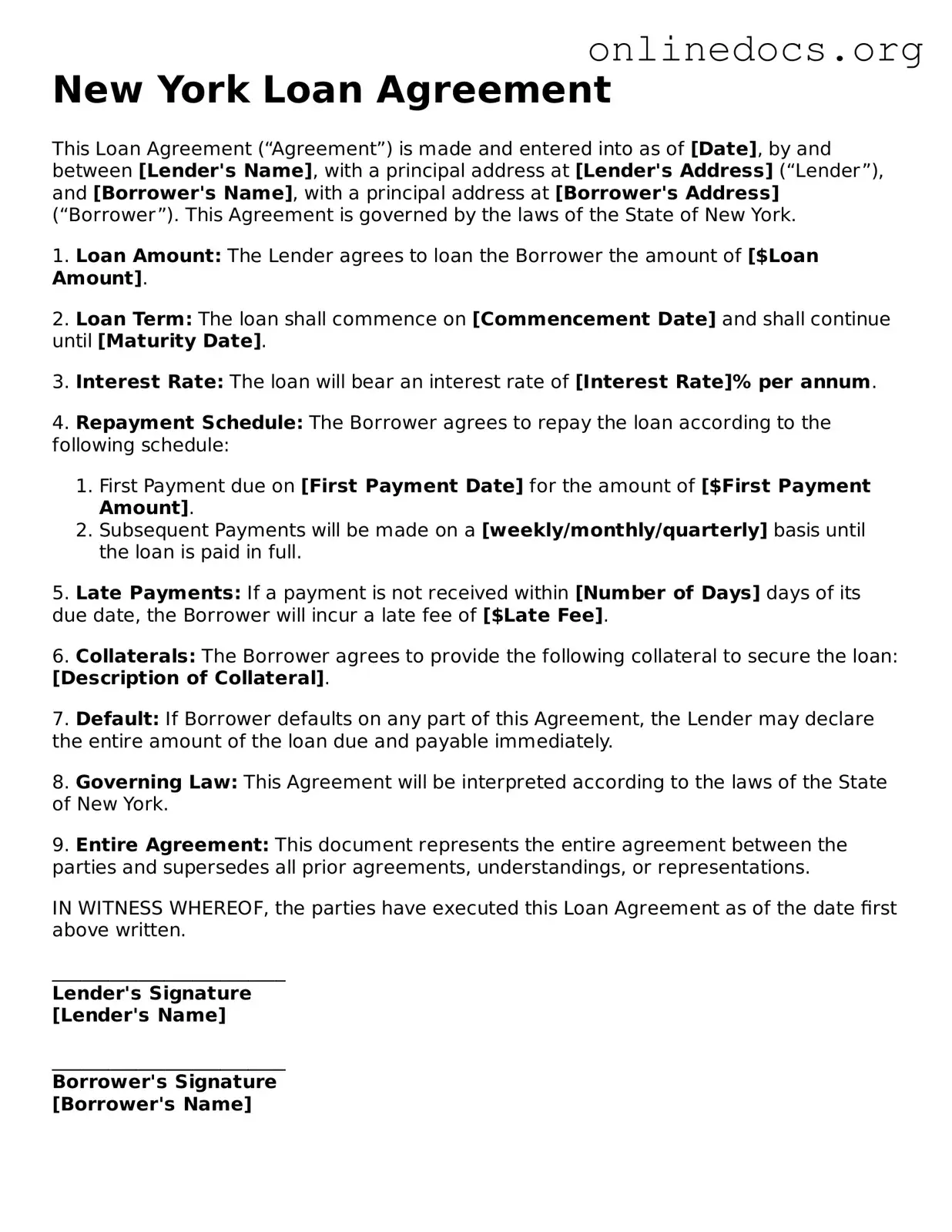 Fillable  Loan Agreement Form for New York