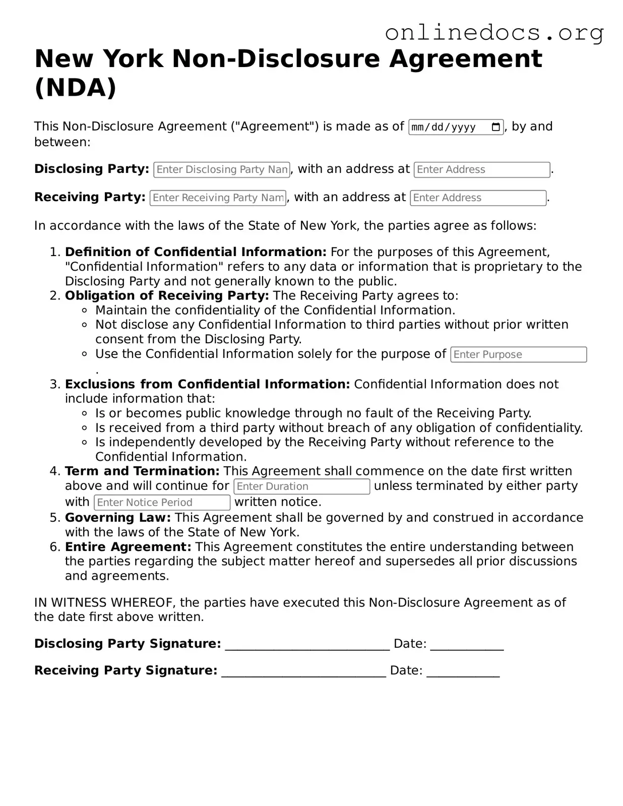 Fillable  Non-disclosure Agreement Form for New York