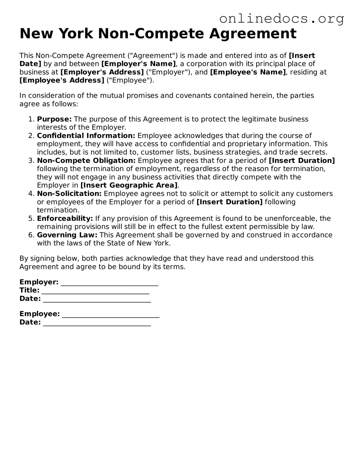 Fillable  Non-compete Agreement Form for New York