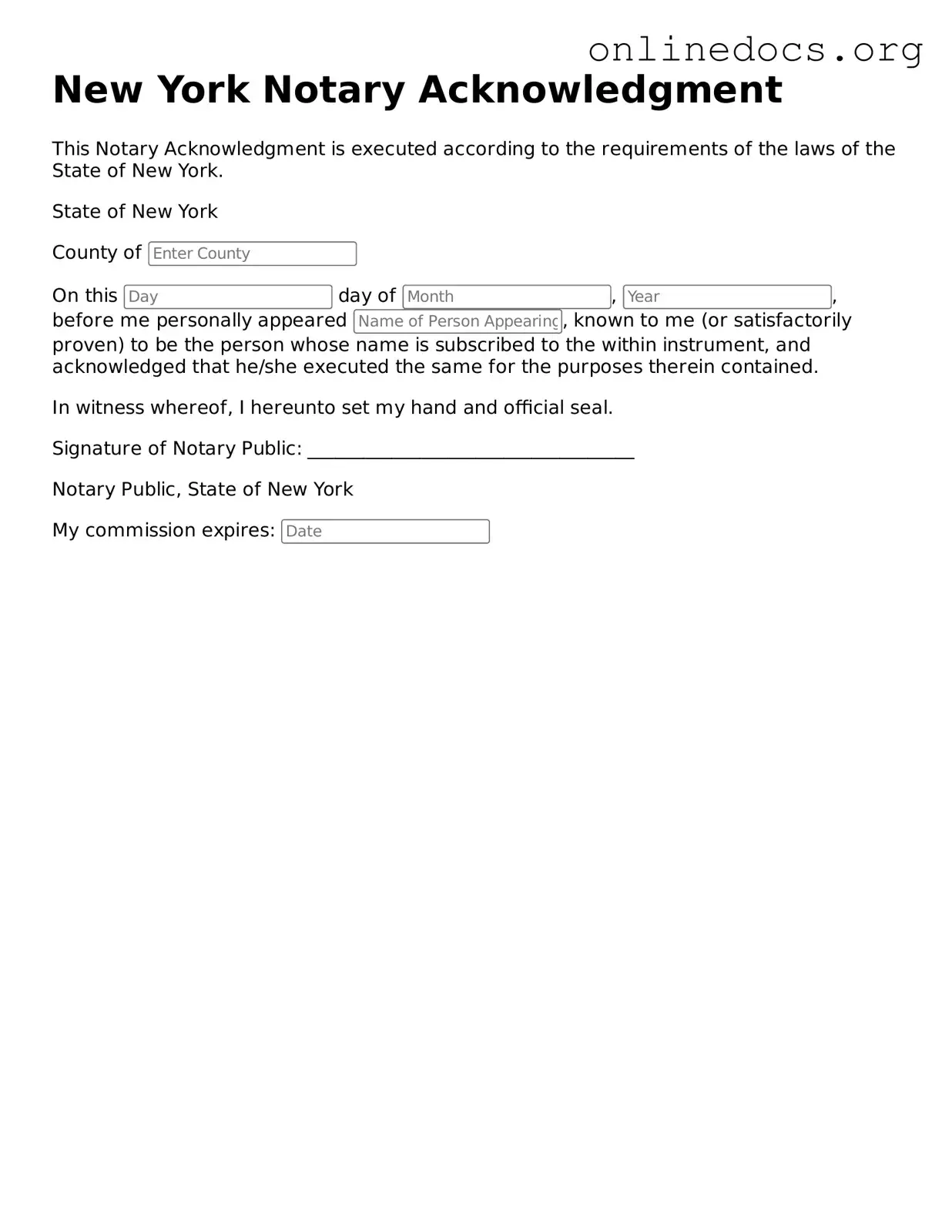 Fillable  Notary Acknowledgement Form for New York