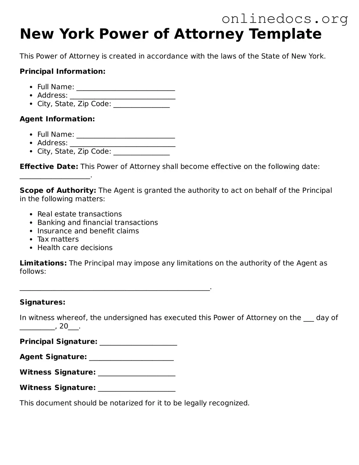 Fillable  Power of Attorney Form for New York