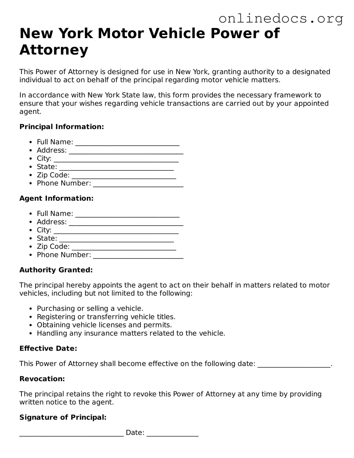 Fillable  Motor Vehicle Power of Attorney Form for New York