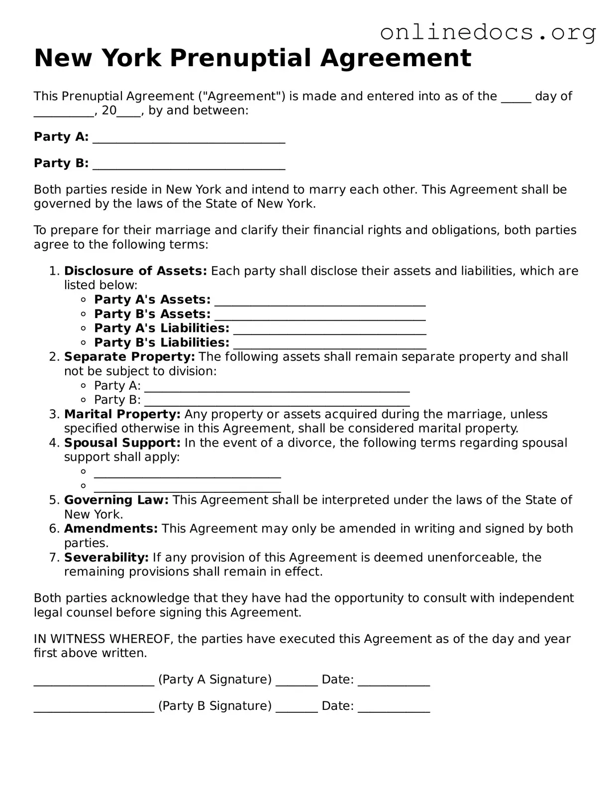 Fillable  Prenuptial Agreement Form for New York