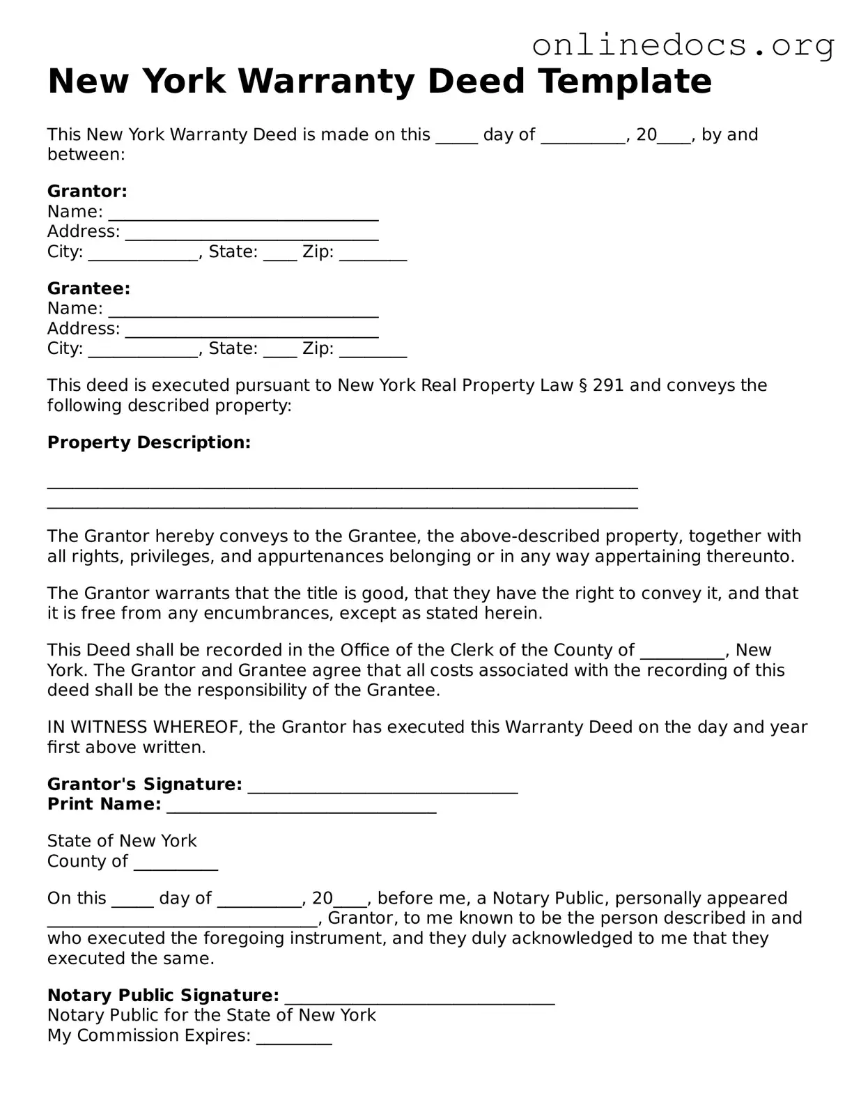 Fillable  Deed Form for New York