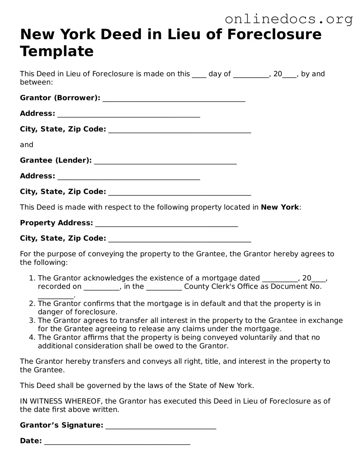 Fillable  Deed in Lieu of Foreclosure Form for New York