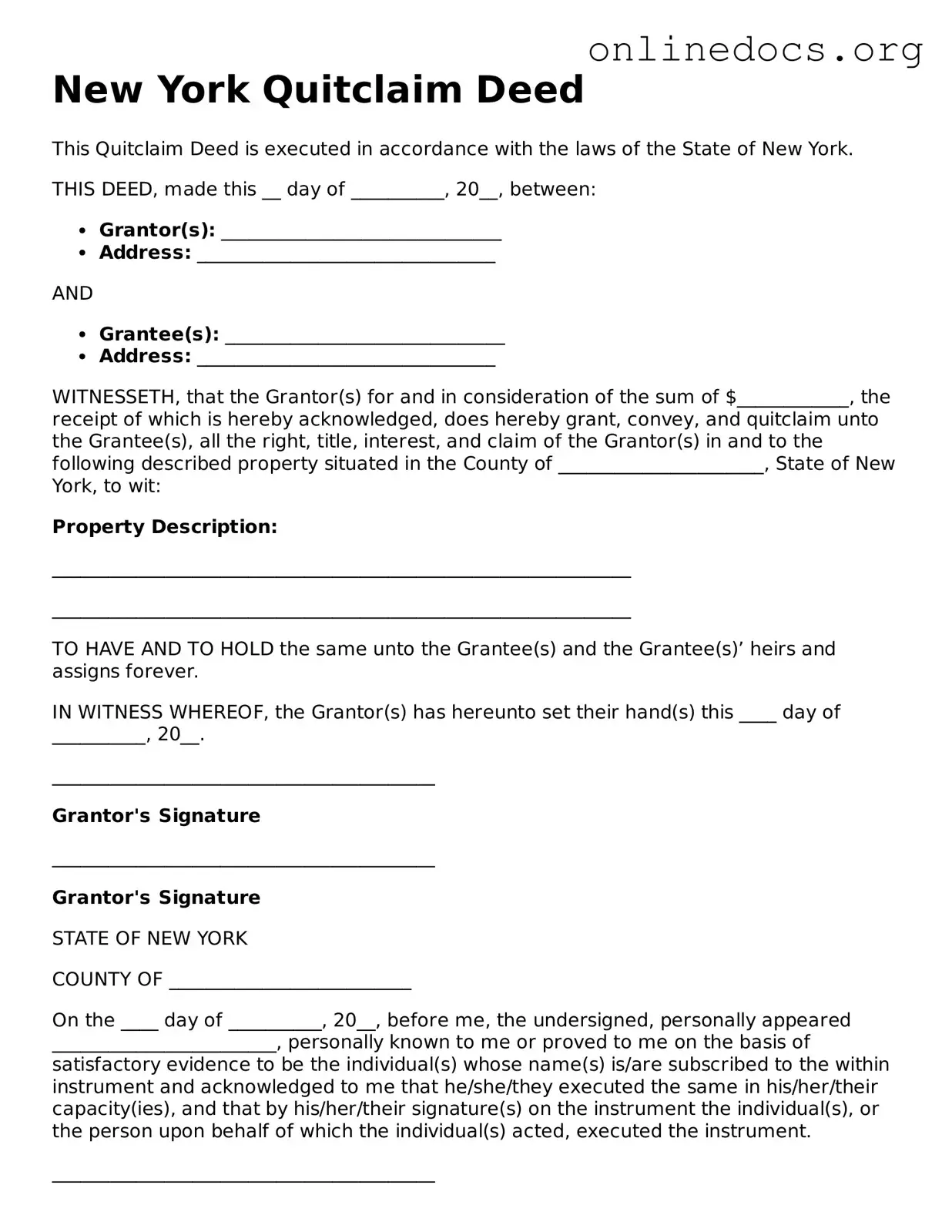 Fillable  Quitclaim Deed Form for New York