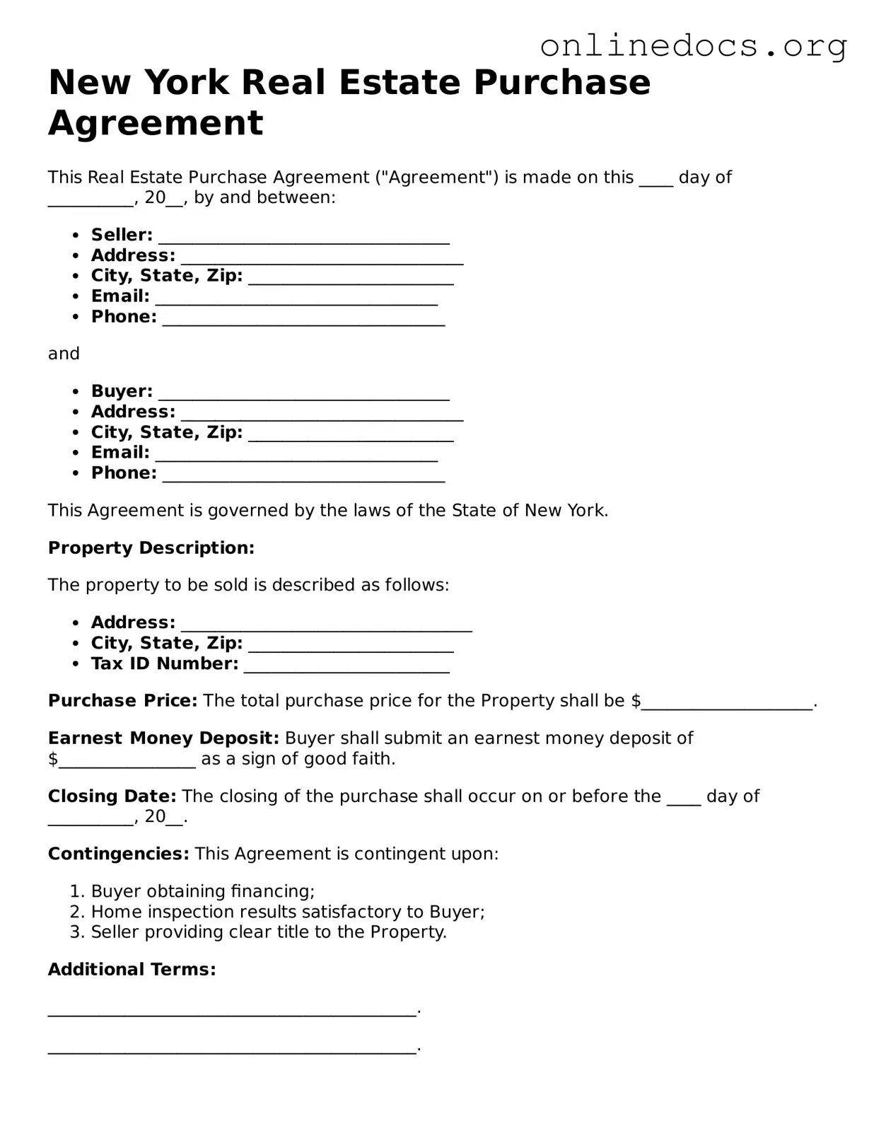 Fillable  Real Estate Purchase Agreement Form for New York