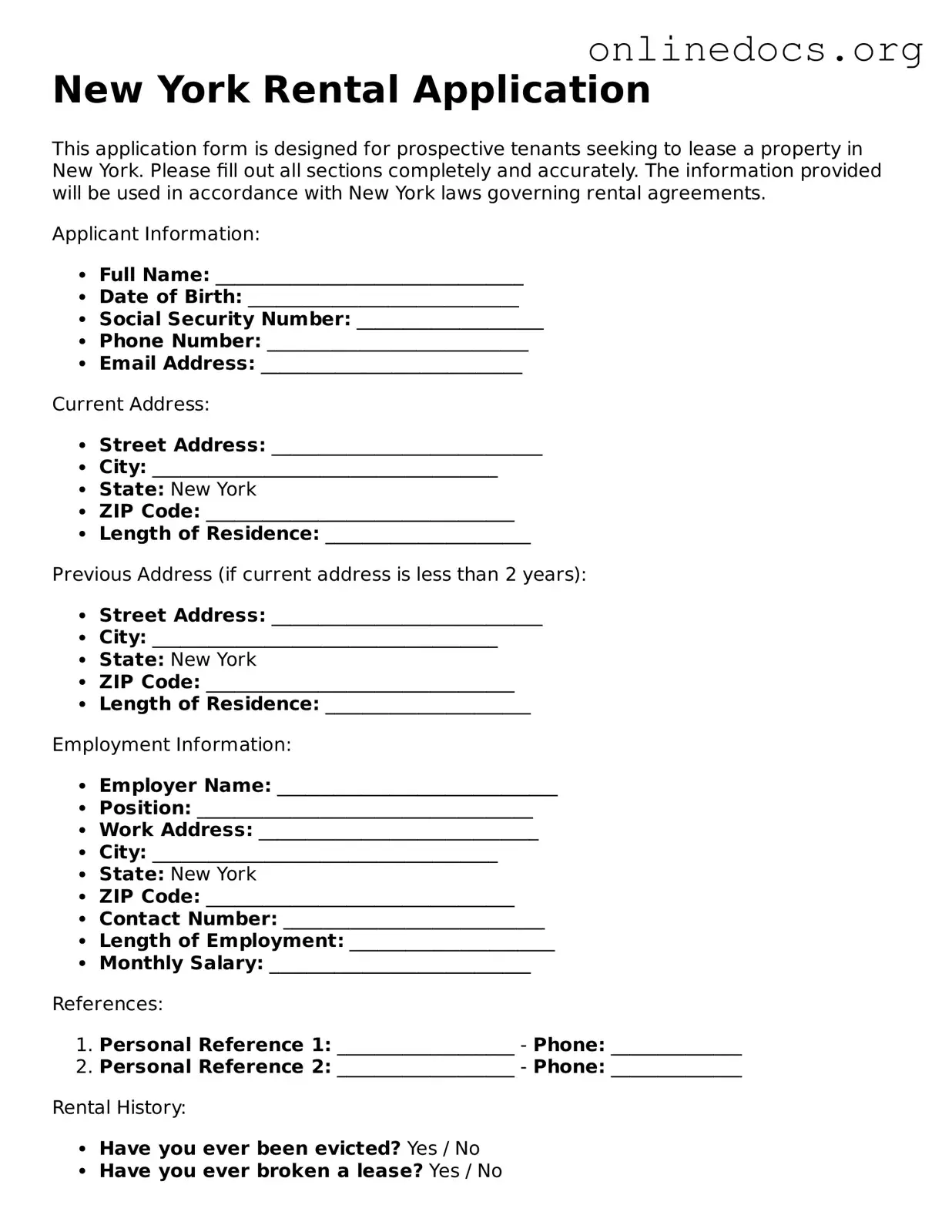 Fillable  Rental Application Form for New York