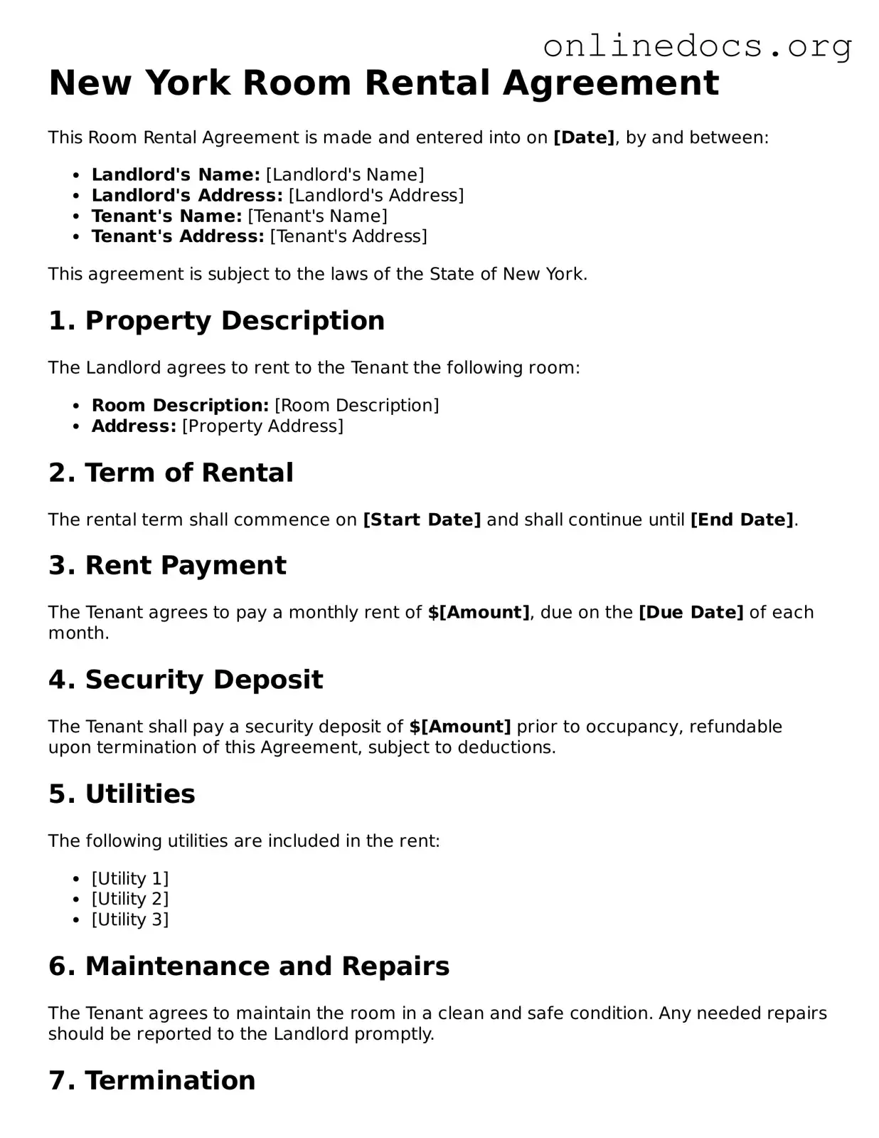 Fillable  Room Rental Agreement Form for New York
