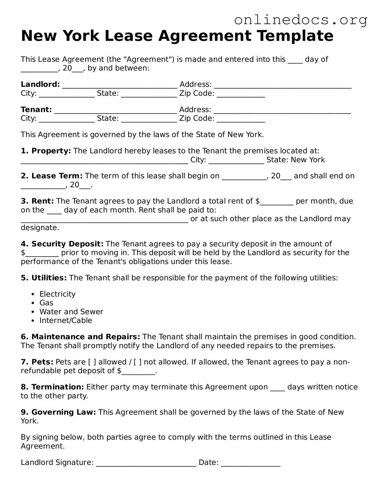Fillable  Lease Agreement Form for New York