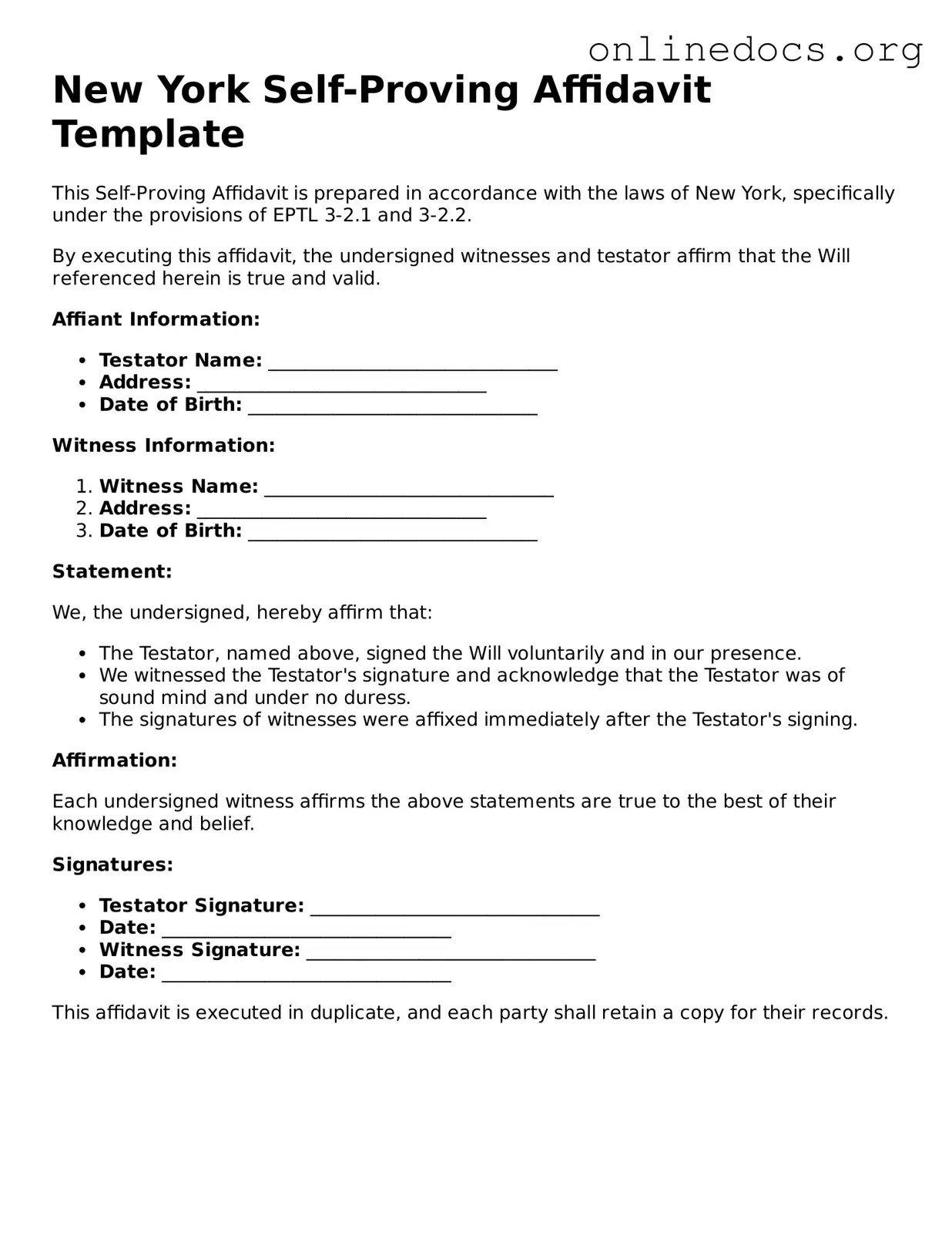 Fillable  Self-Proving Affidavit Form for New York