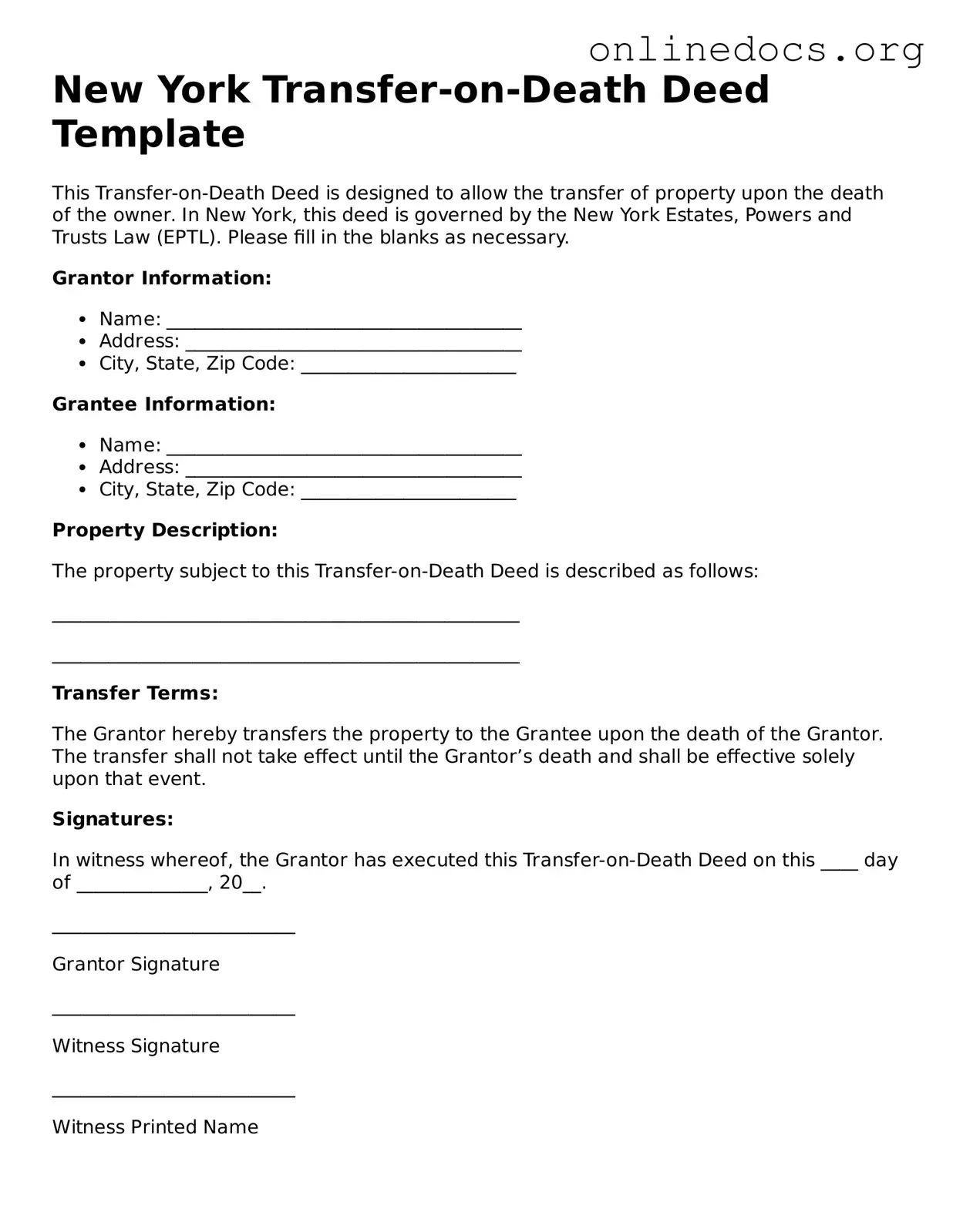 Fillable  Transfer-on-Death Deed Form for New York