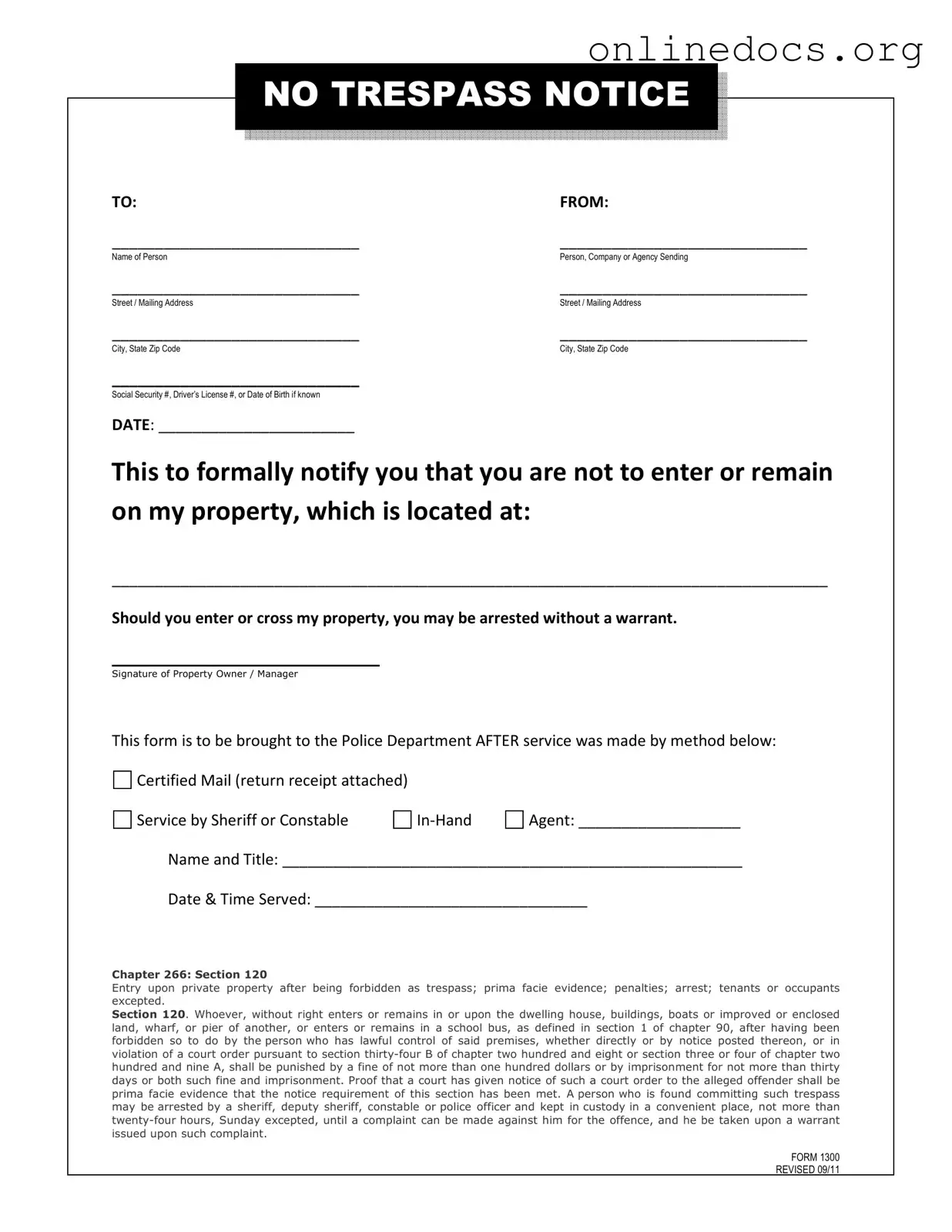 No Trespassing Letter PDF Form