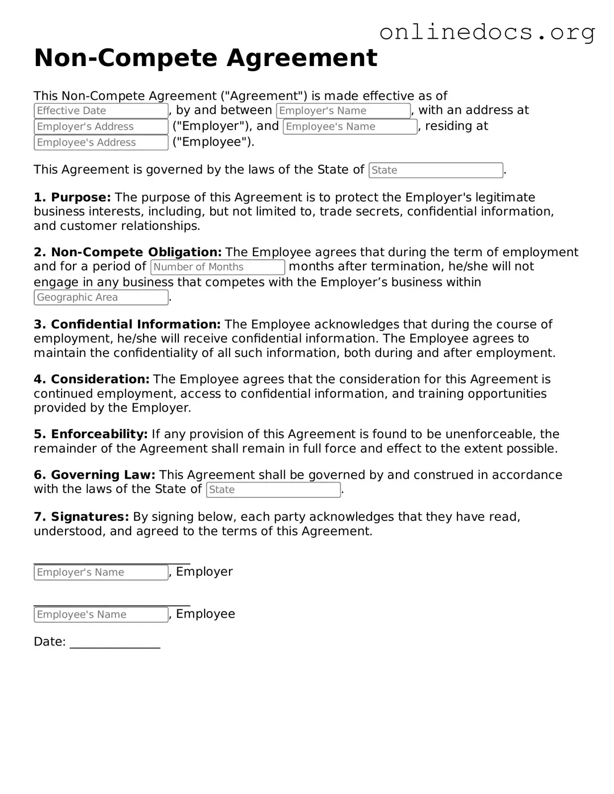 Printable Non-compete Agreement Form
