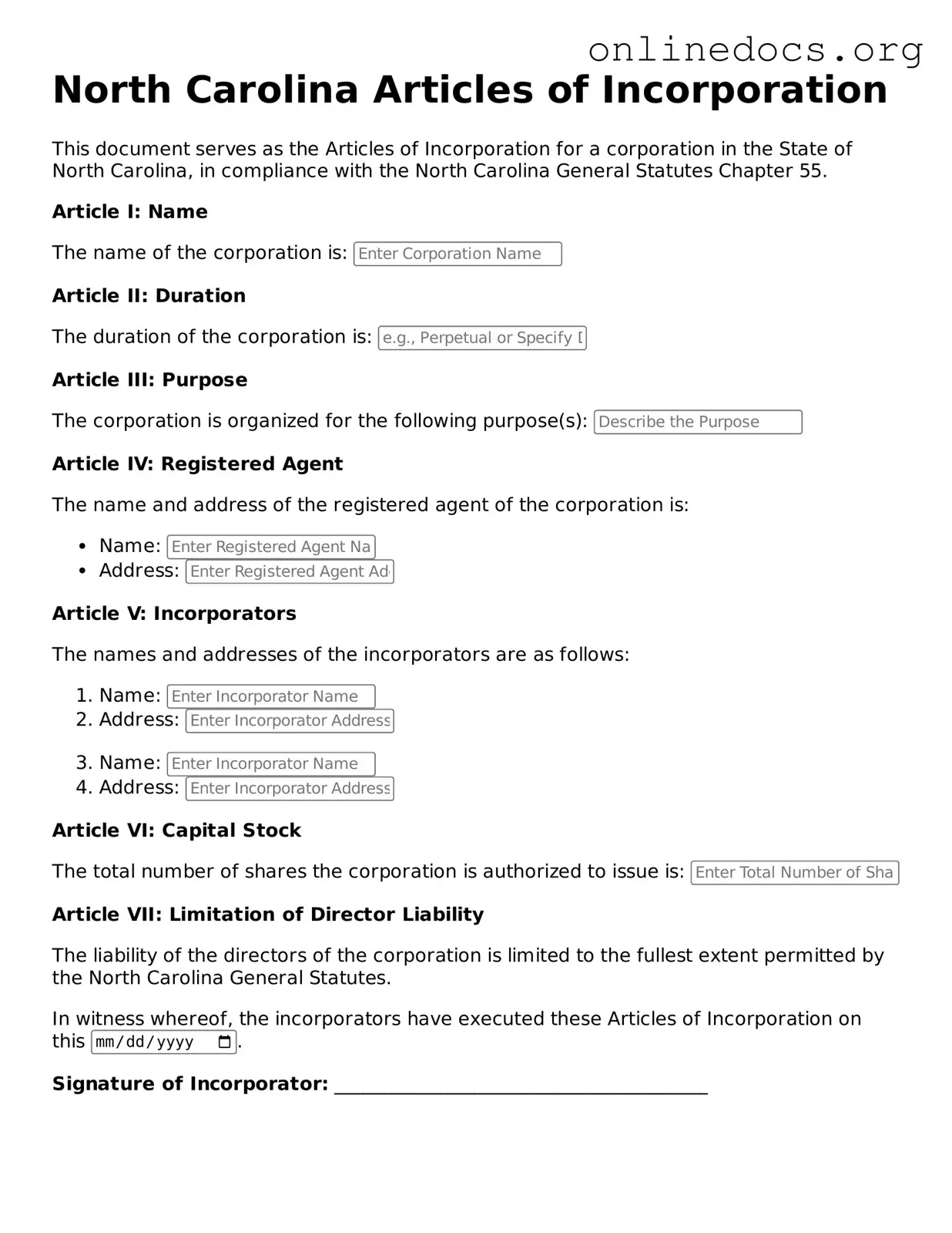 Fillable  Articles of Incorporation Form for North Carolina