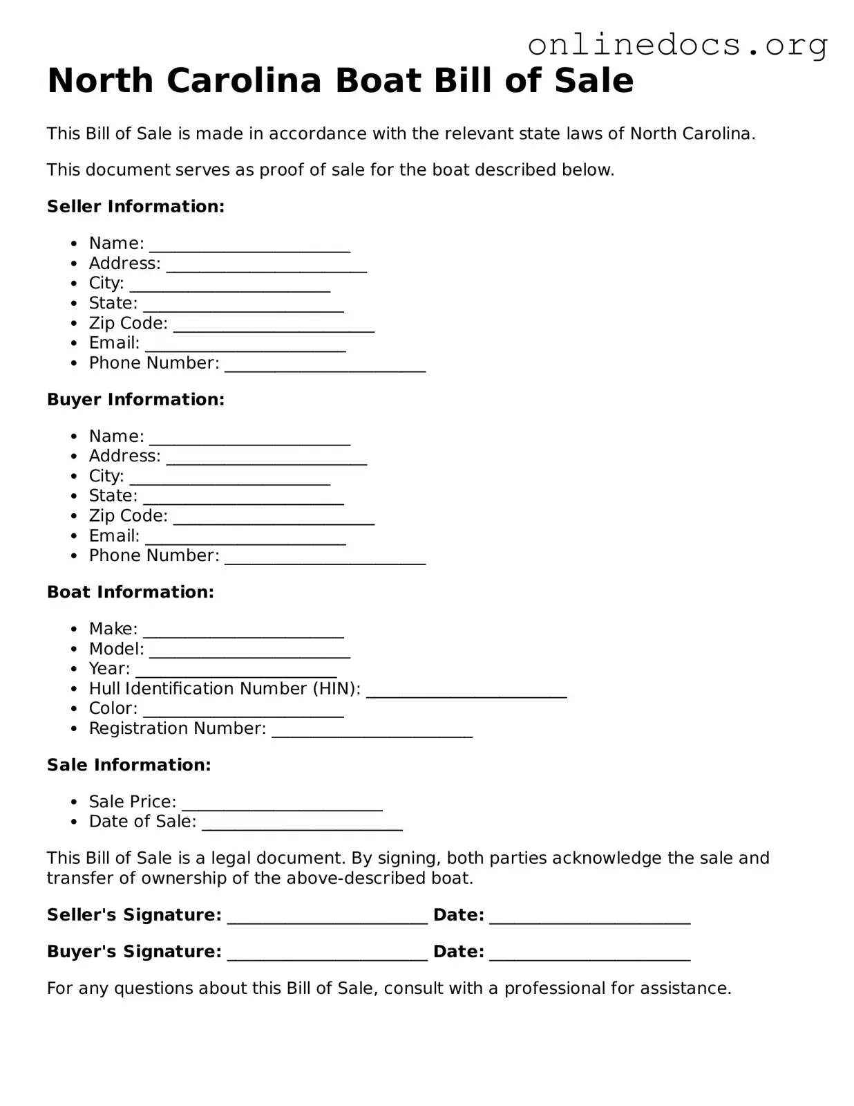 Fillable  Boat Bill of Sale Form for North Carolina
