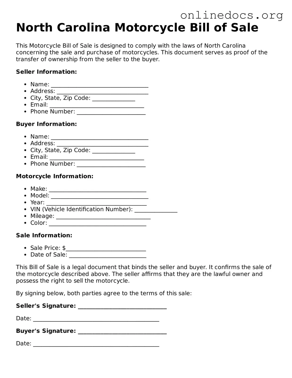 Fillable  Motorcycle Bill of Sale Form for North Carolina