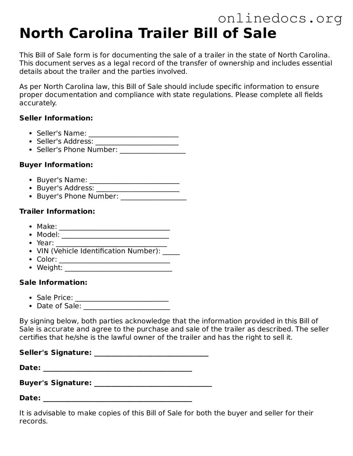 Fillable  Trailer Bill of Sale Form for North Carolina