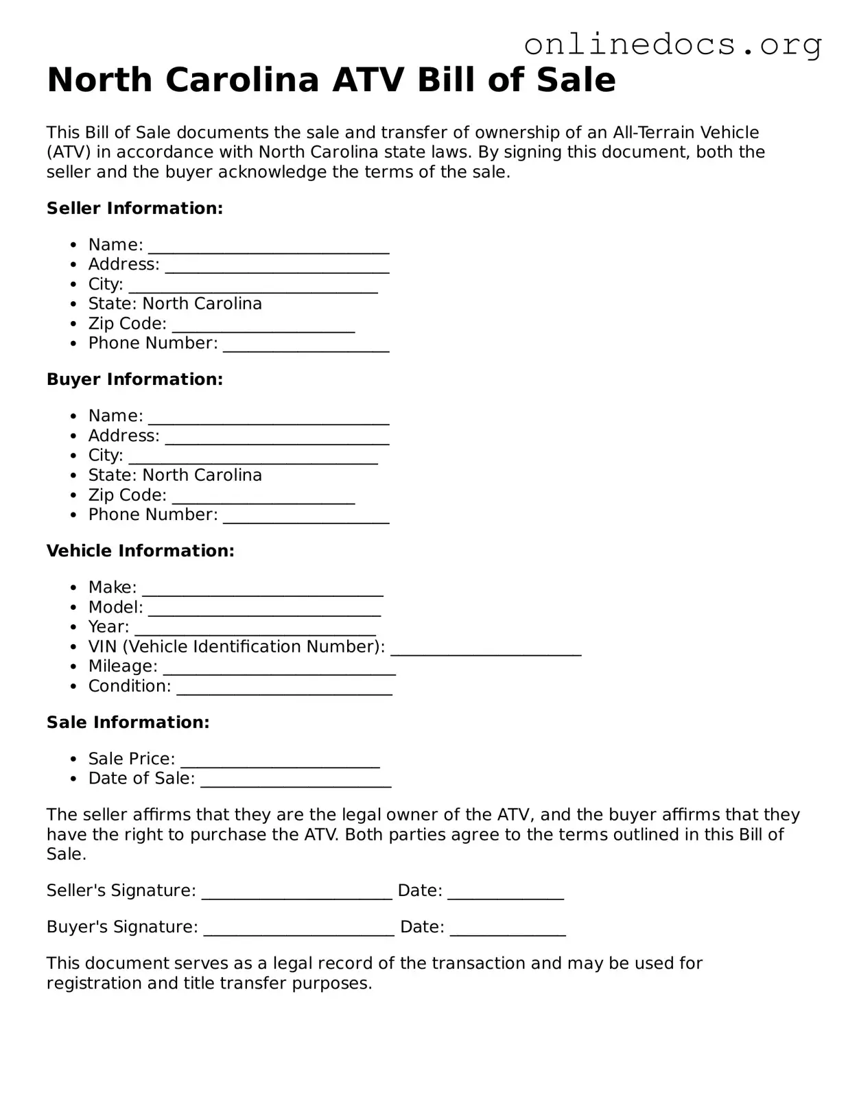 Fillable  ATV Bill of Sale Form for North Carolina