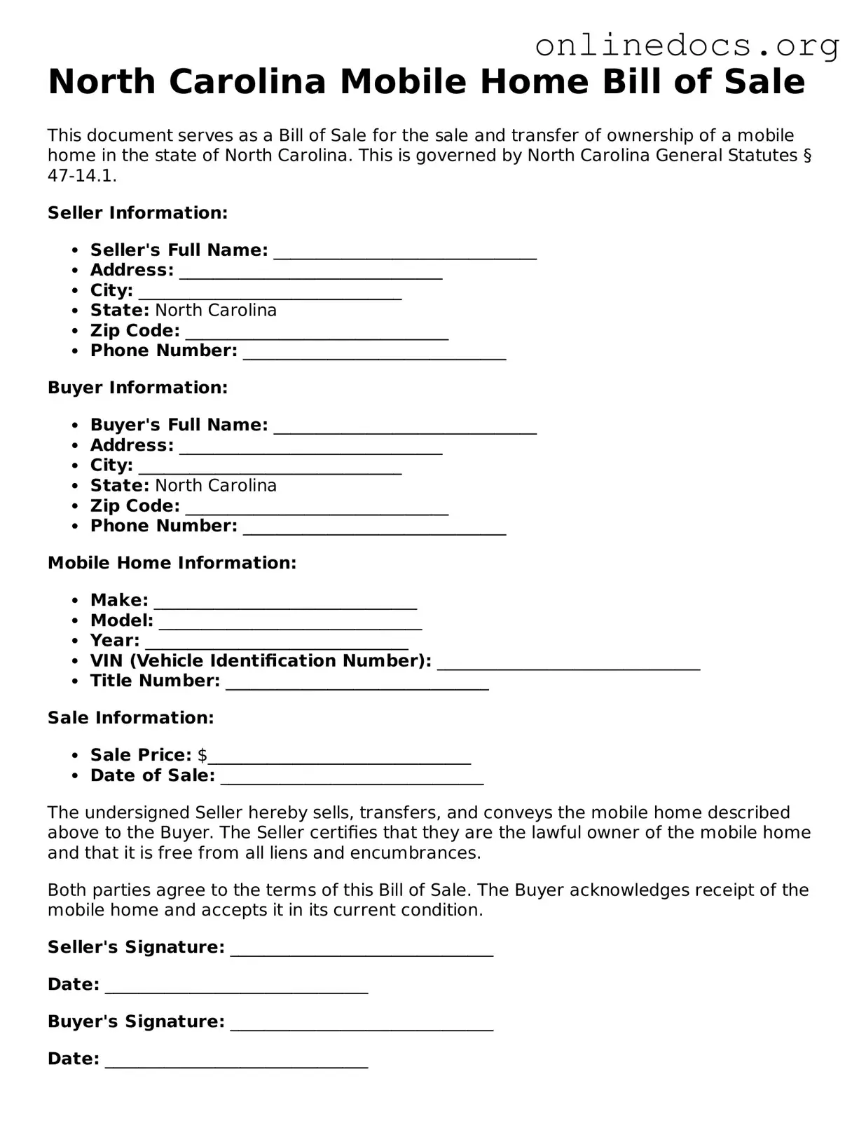 Fillable  Mobile Home Bill of Sale Form for North Carolina