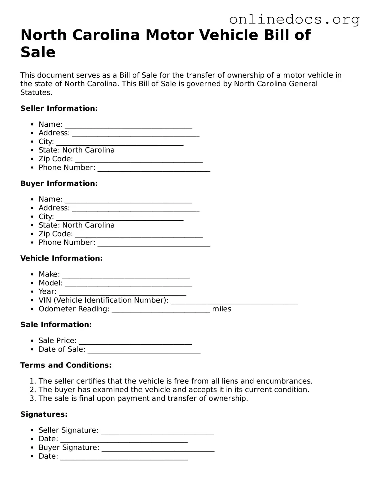 Fillable  Motor Vehicle Bill of Sale Form for North Carolina