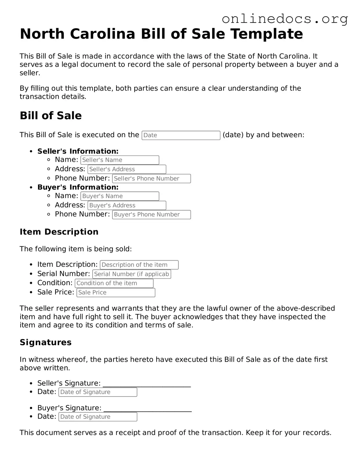 Fillable  Bill of Sale Form for North Carolina