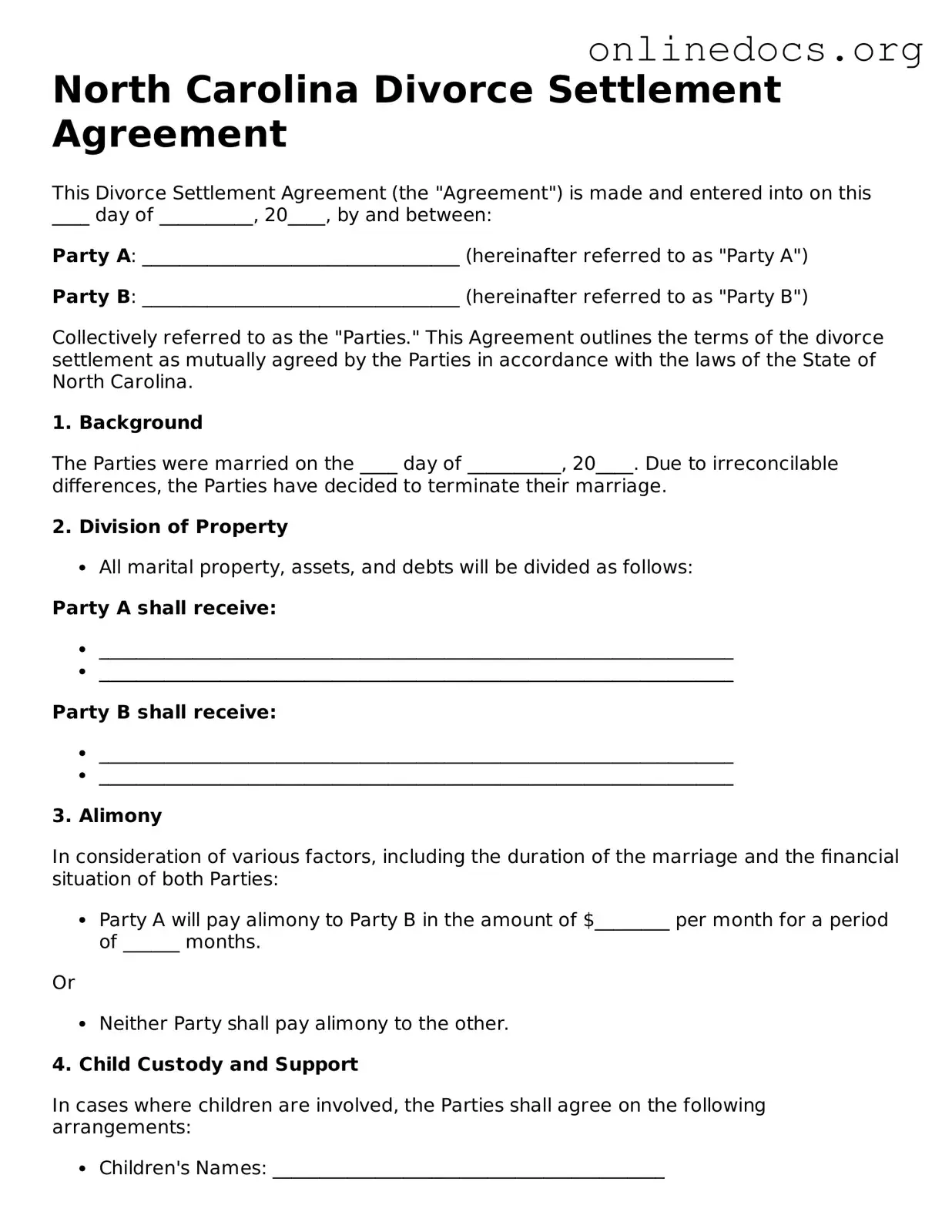 Fillable  Divorce Settlement Agreement Form for North Carolina