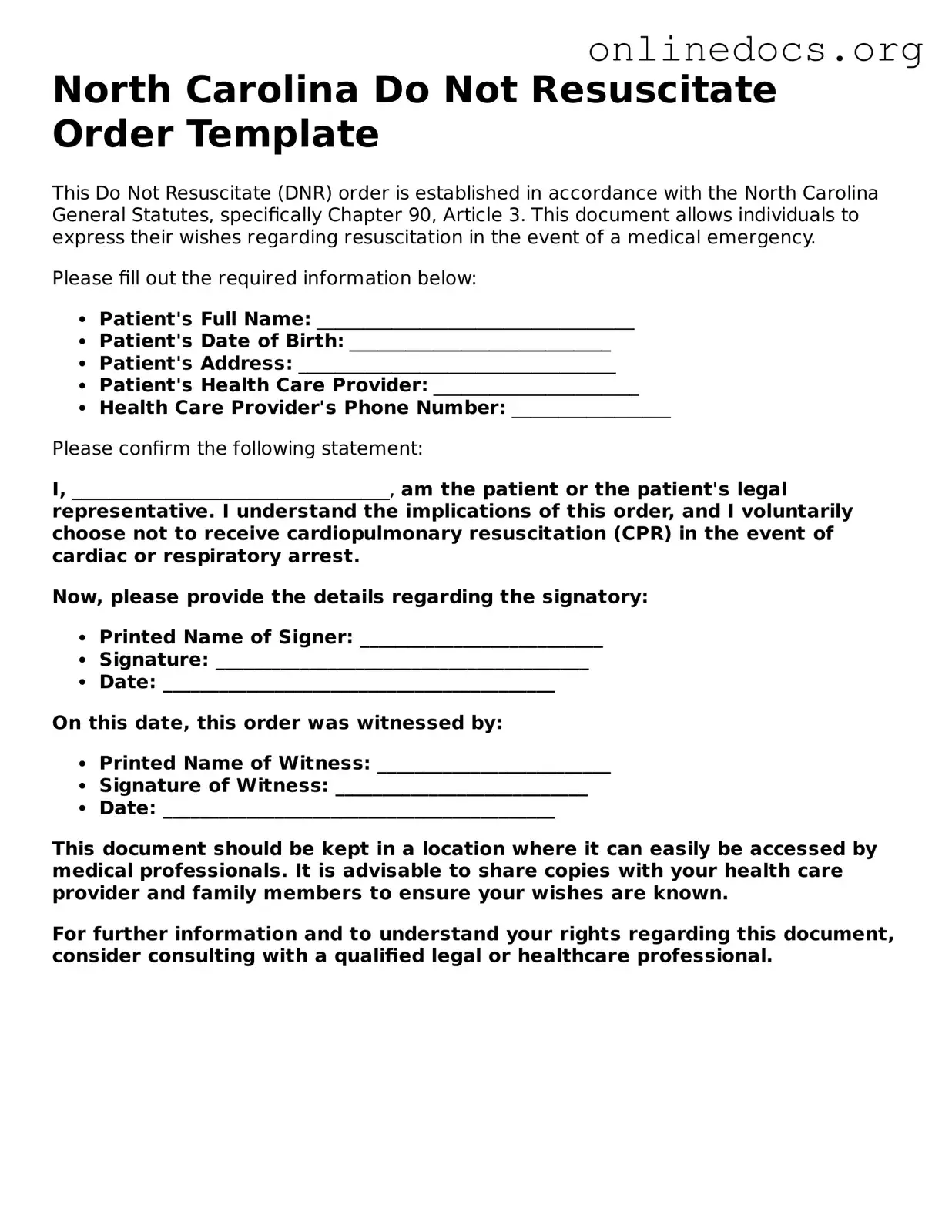 Fillable  Do Not Resuscitate Order Form for North Carolina
