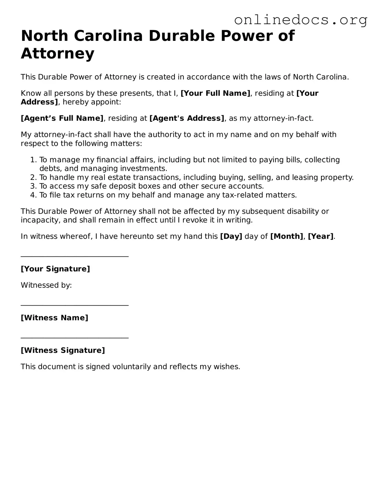 Fillable  Durable Power of Attorney Form for North Carolina