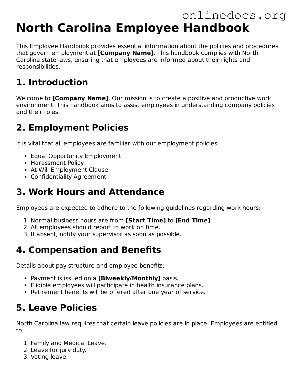 Fillable  Employee Handbook Form for North Carolina