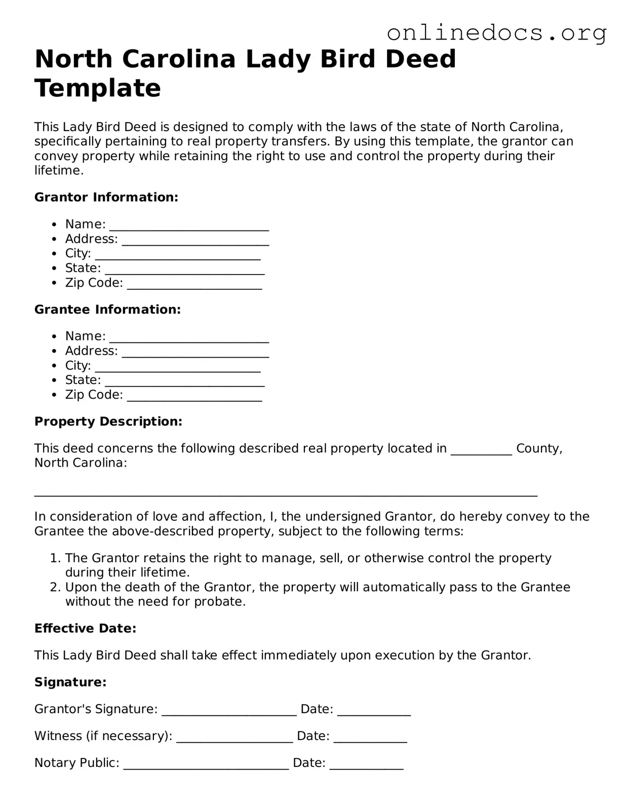 Fillable  Lady Bird Deed Form for North Carolina