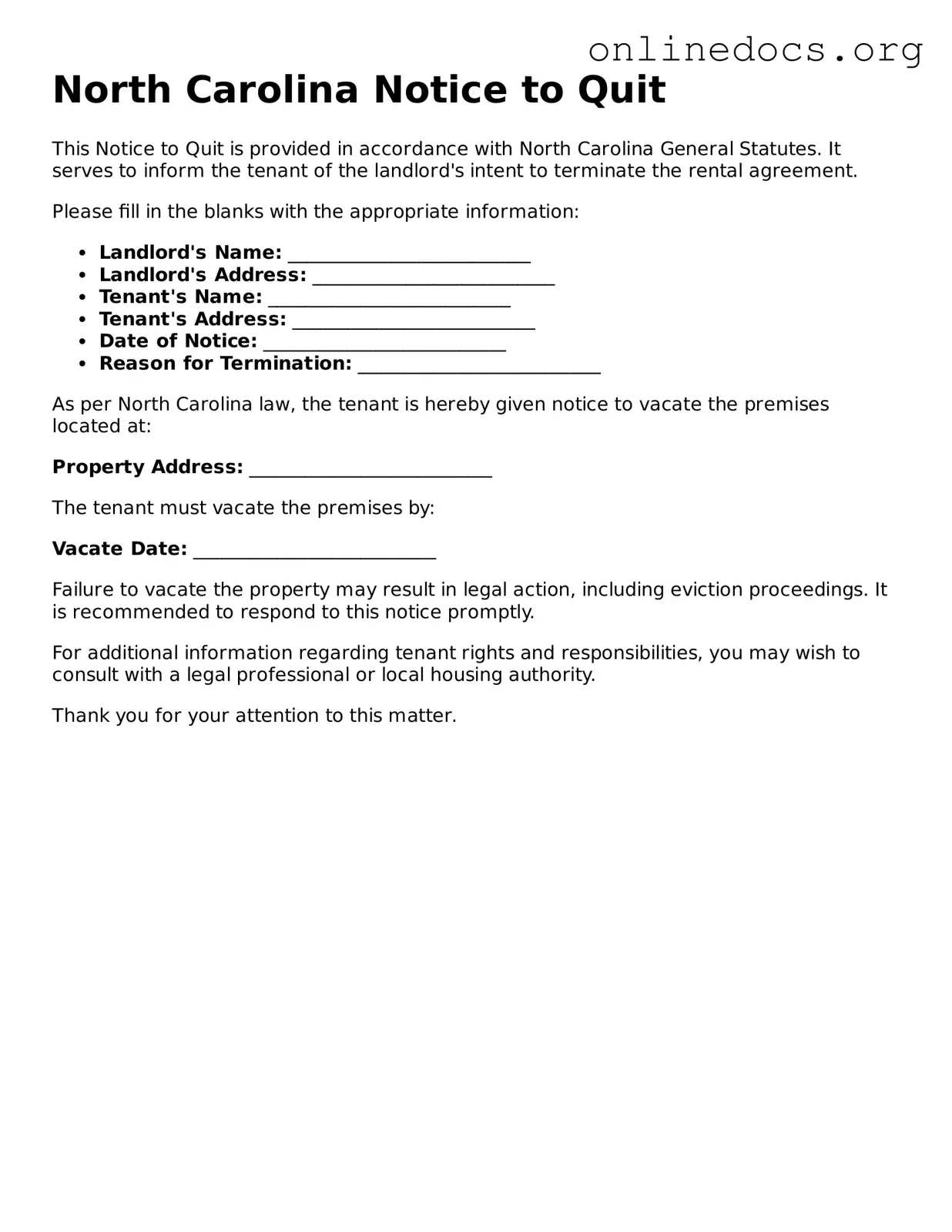 Fillable  Notice to Quit Form for North Carolina