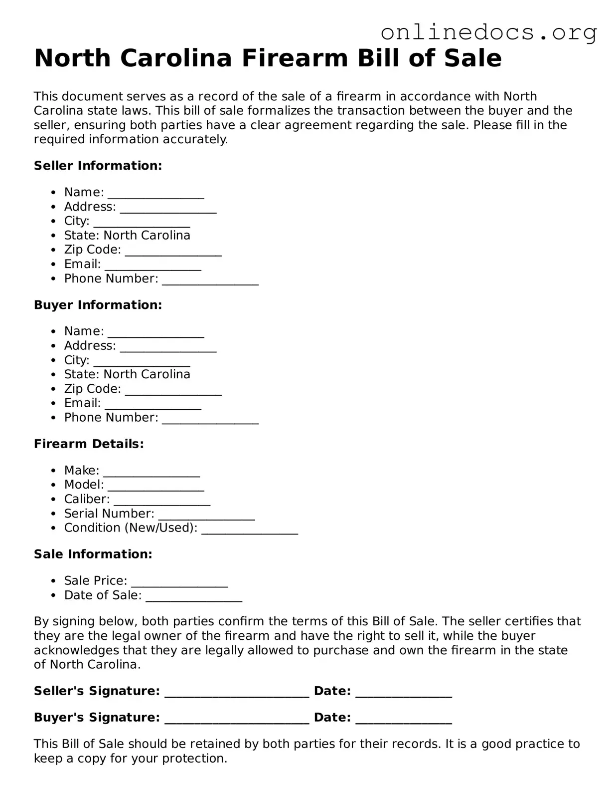 Fillable  Firearm Bill of Sale Form for North Carolina