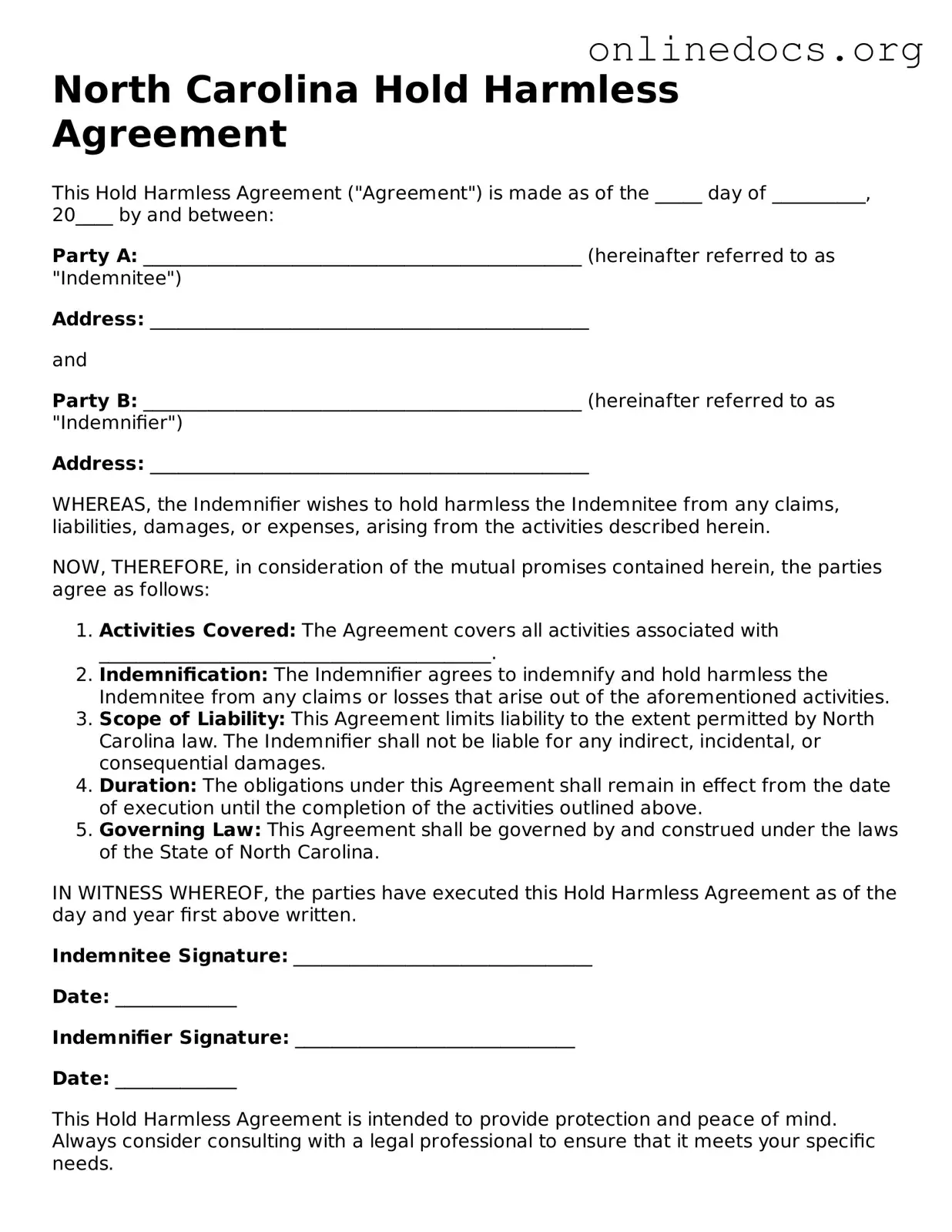 Fillable  Hold Harmless Agreement Form for North Carolina