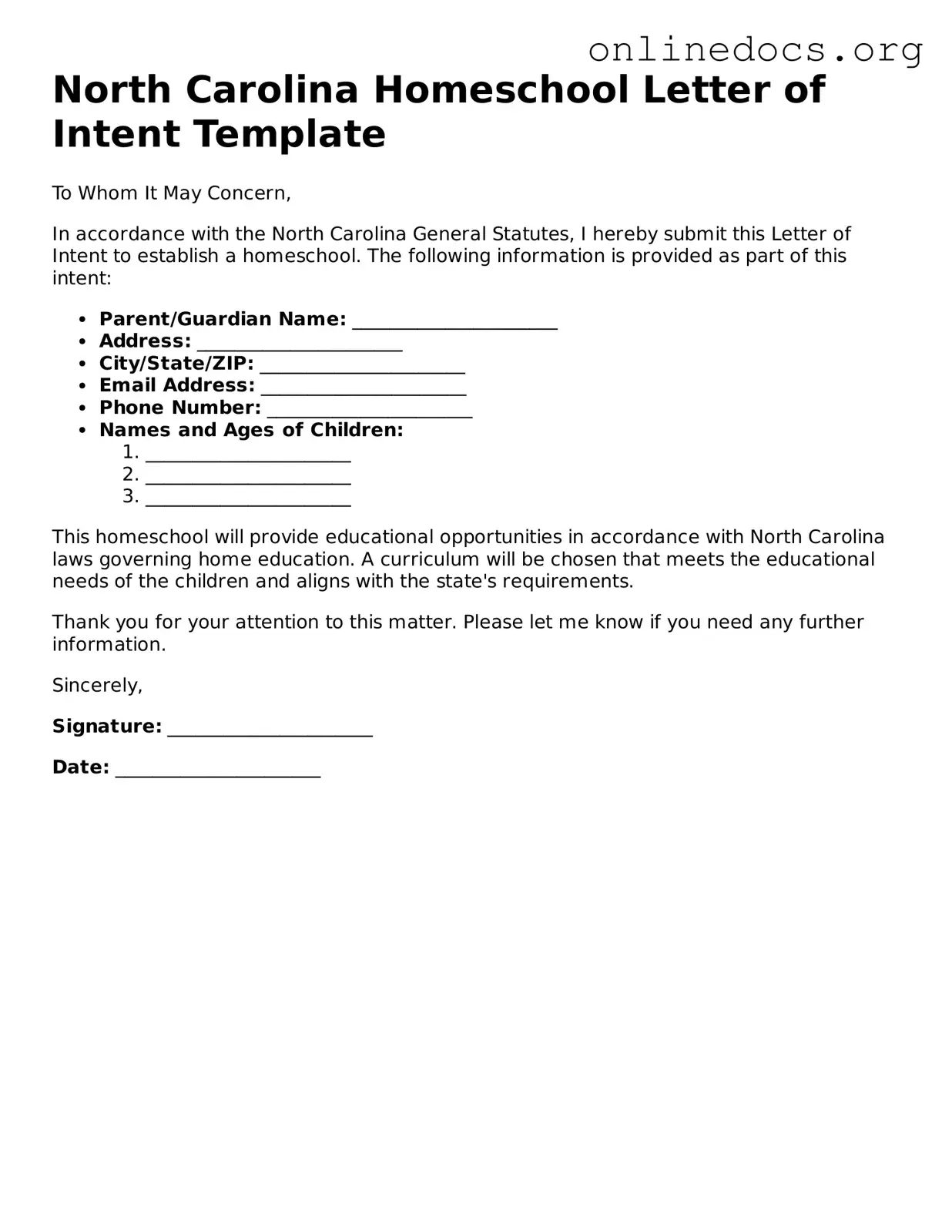 Fillable  Homeschool Letter of Intent Form for North Carolina