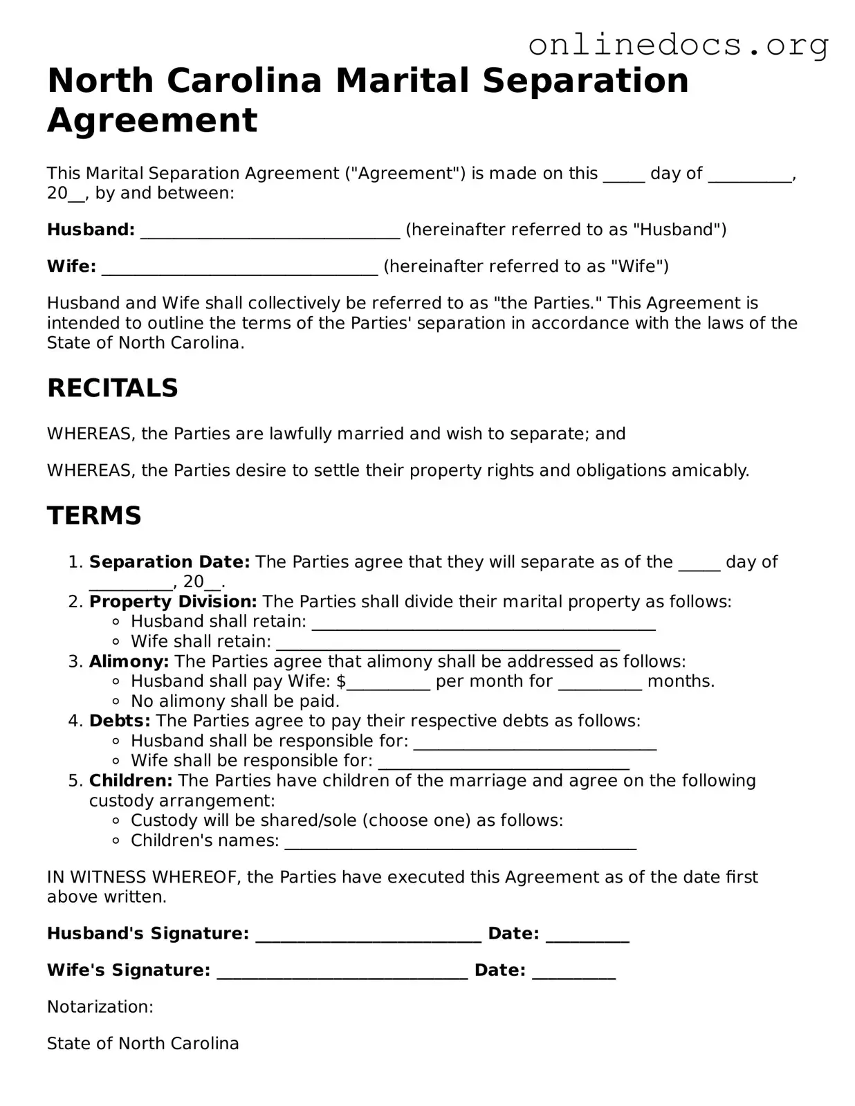 Fillable  Marital Separation Agreement Form for North Carolina