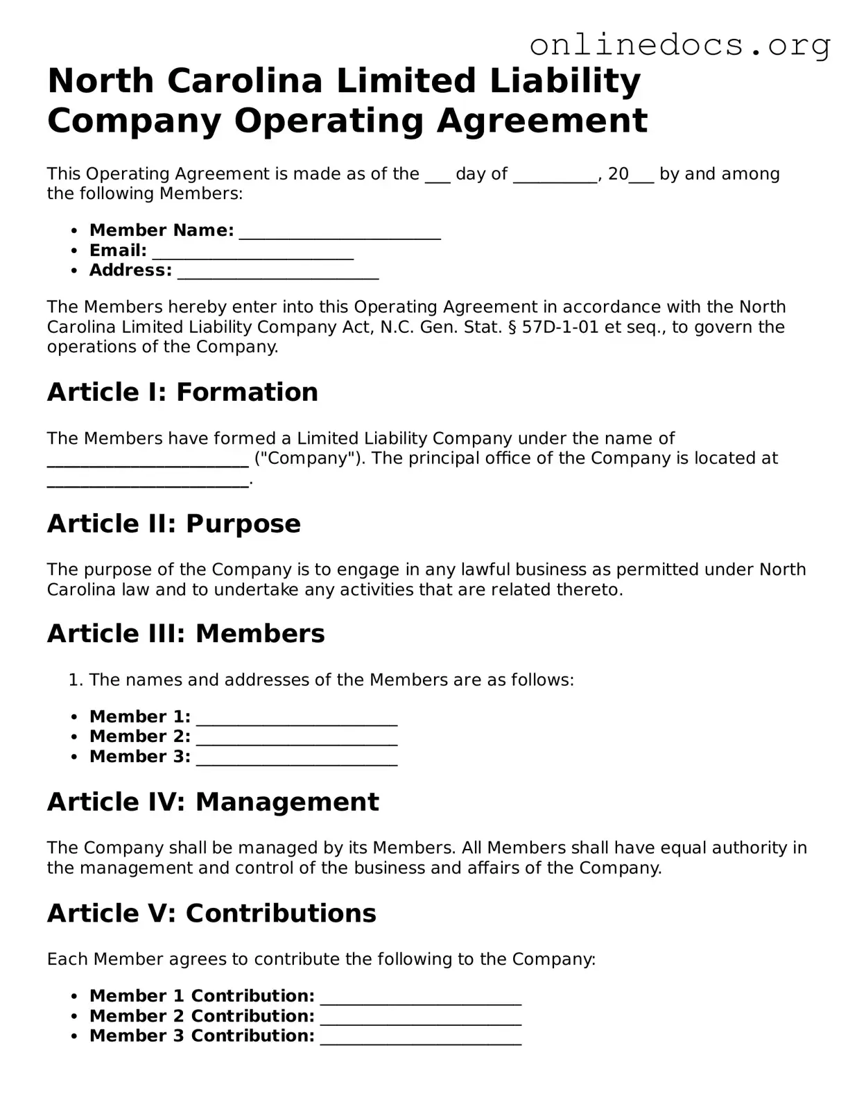 Fillable  Operating Agreement Form for North Carolina