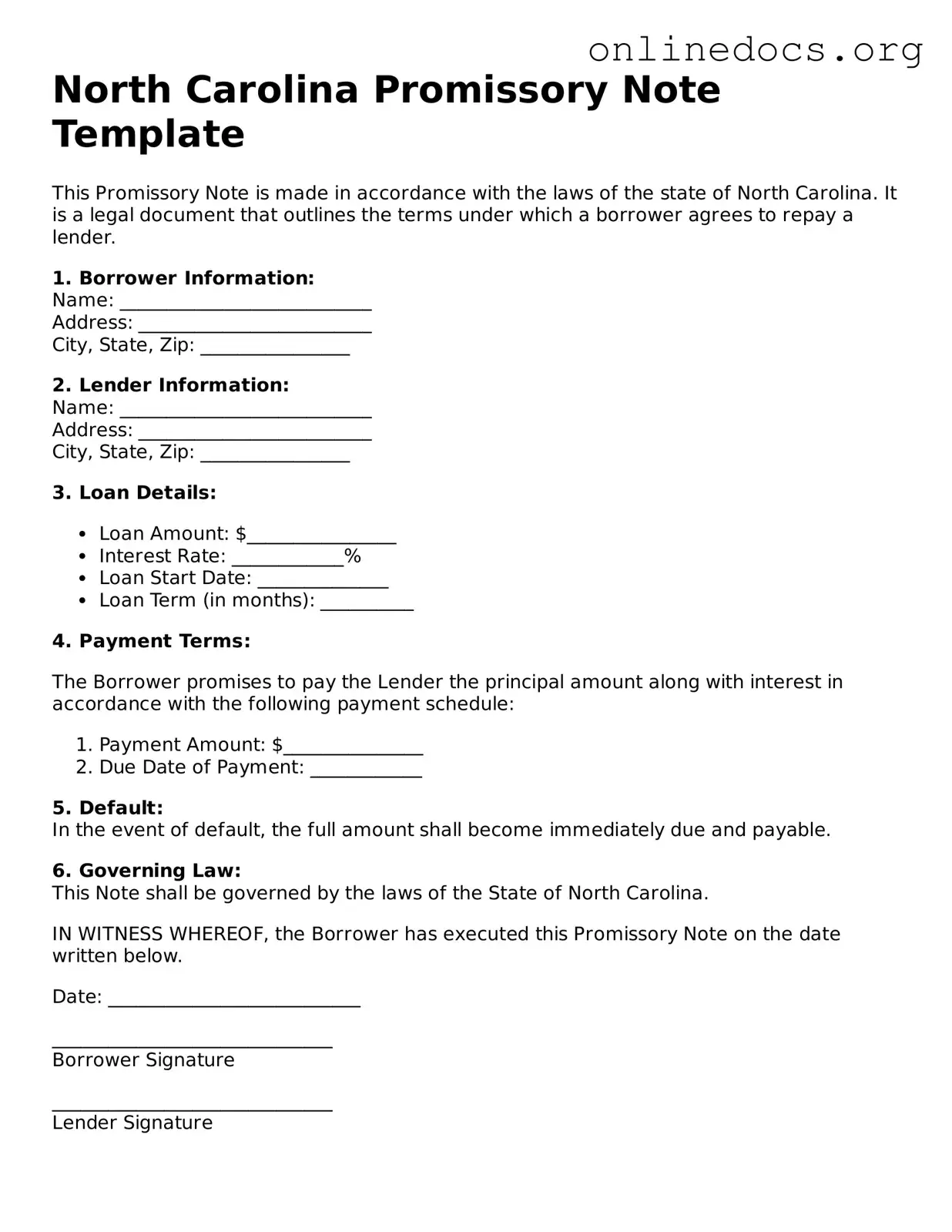 Fillable  Promissory Note Form for North Carolina