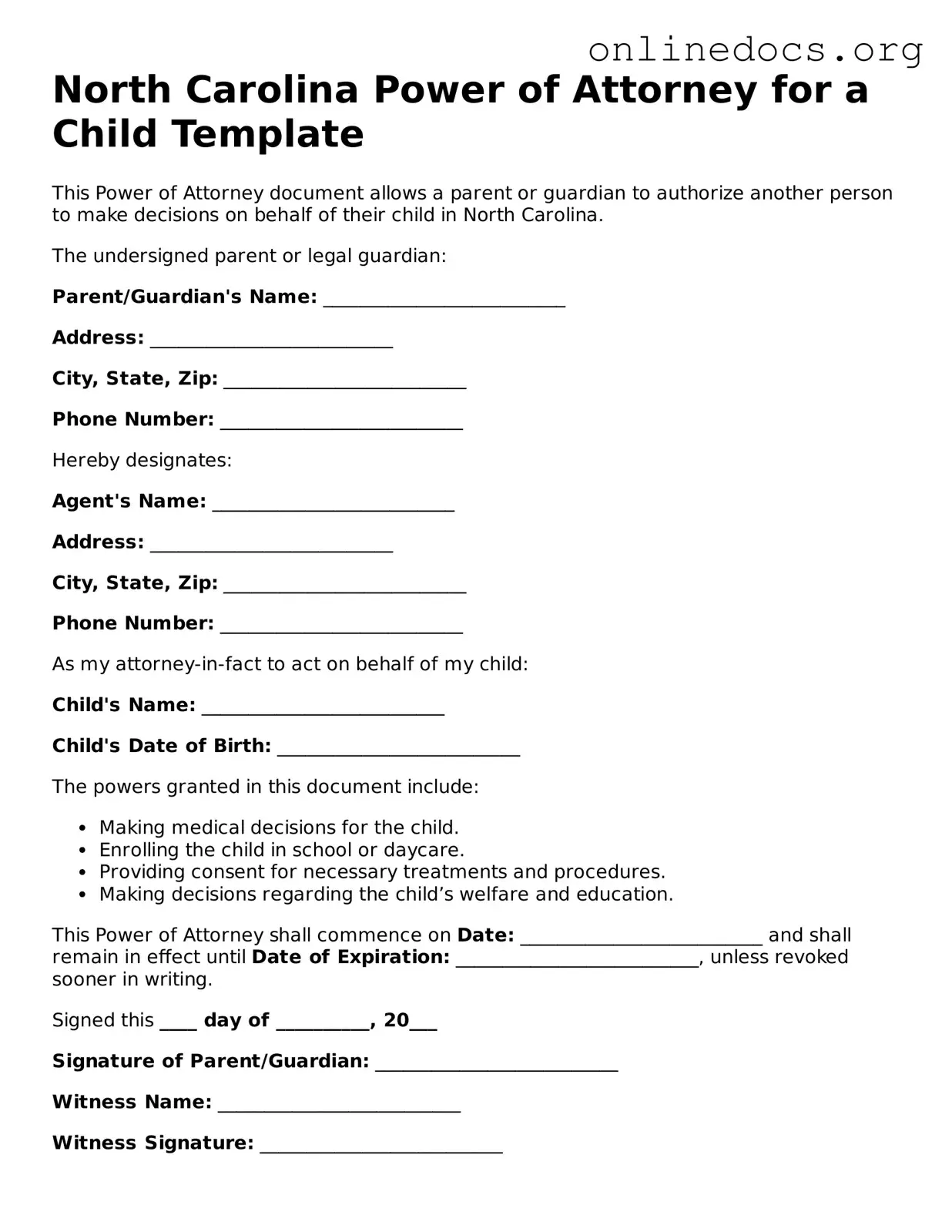 Fillable  Power of Attorney for a Child Form for North Carolina