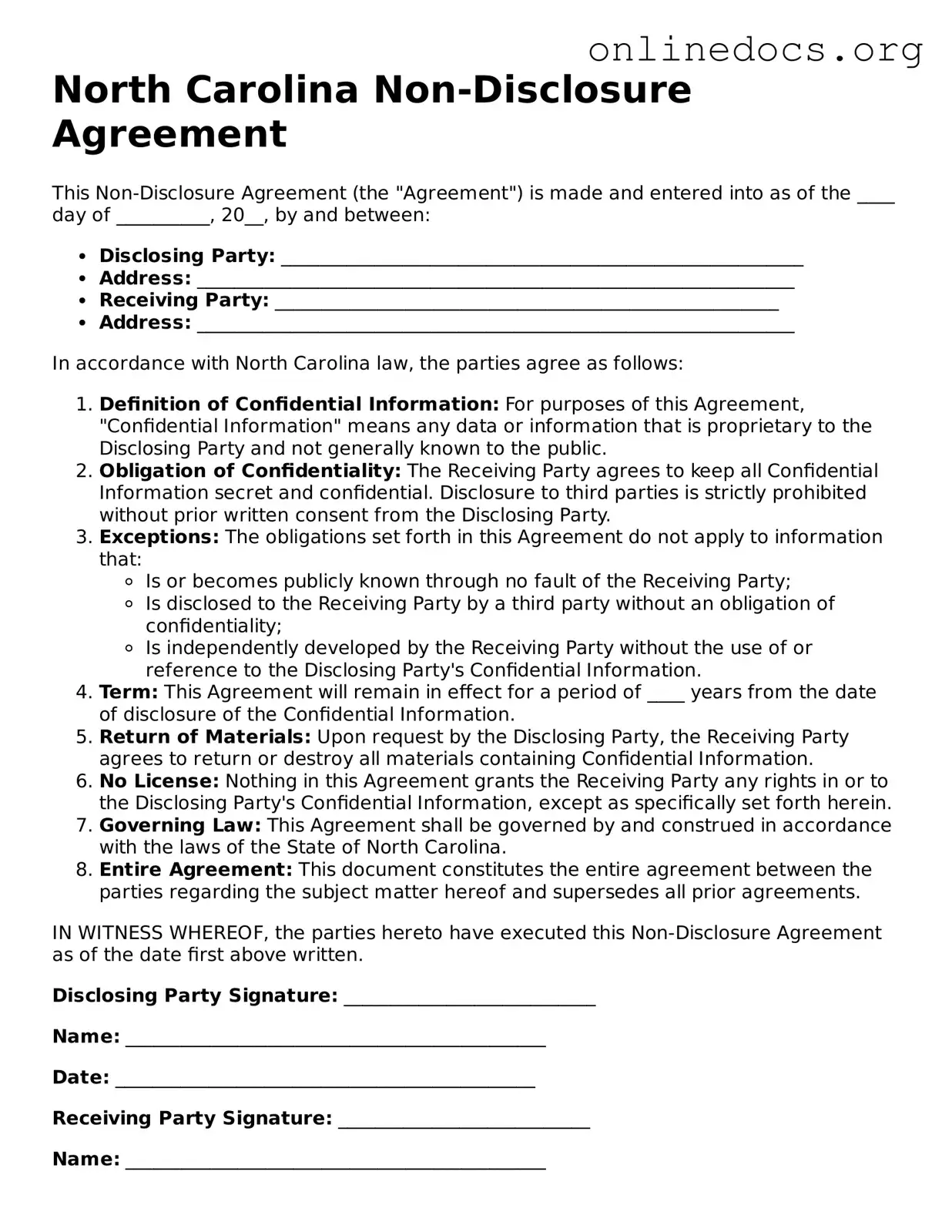 Fillable  Non-disclosure Agreement Form for North Carolina