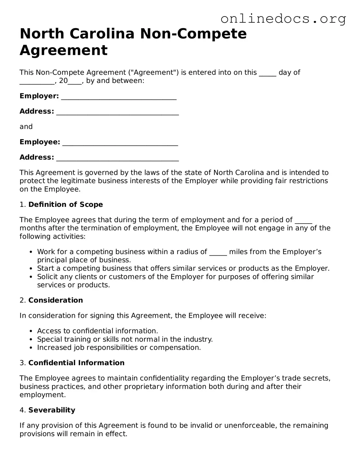 Fillable  Non-compete Agreement Form for North Carolina