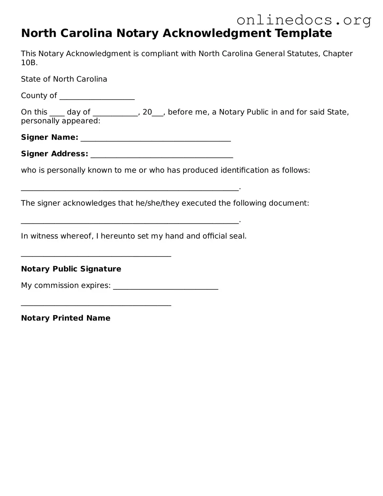 Fillable  Notary Acknowledgement Form for North Carolina