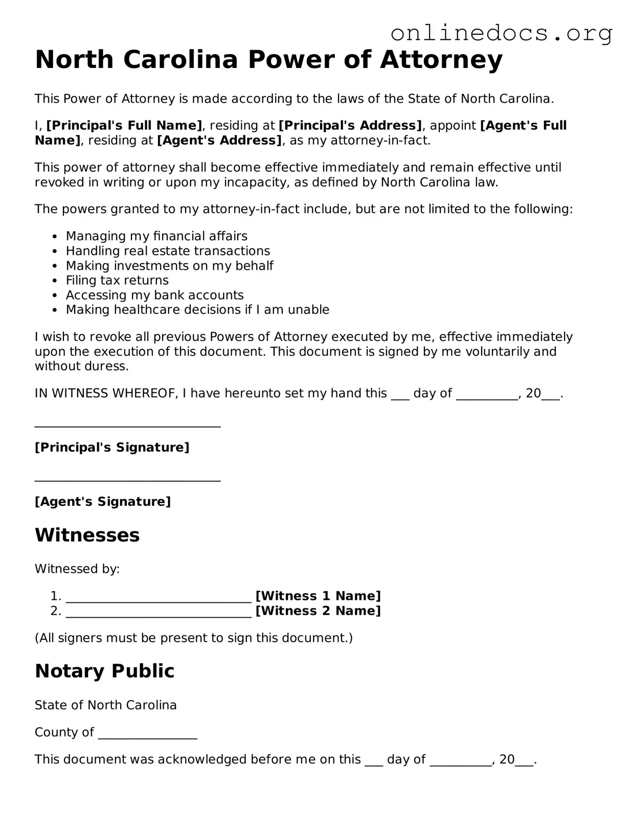 Fillable  Power of Attorney Form for North Carolina