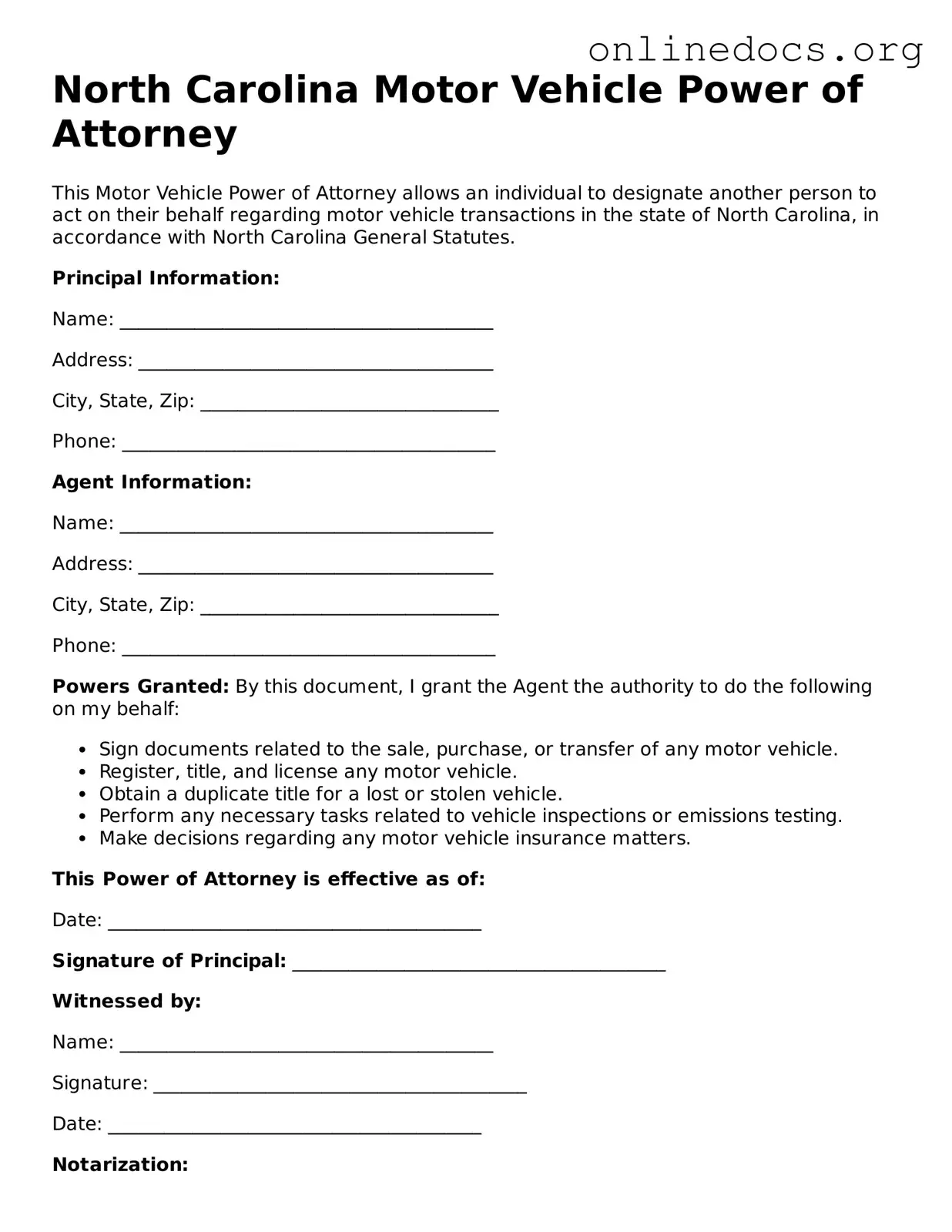 Fillable  Motor Vehicle Power of Attorney Form for North Carolina