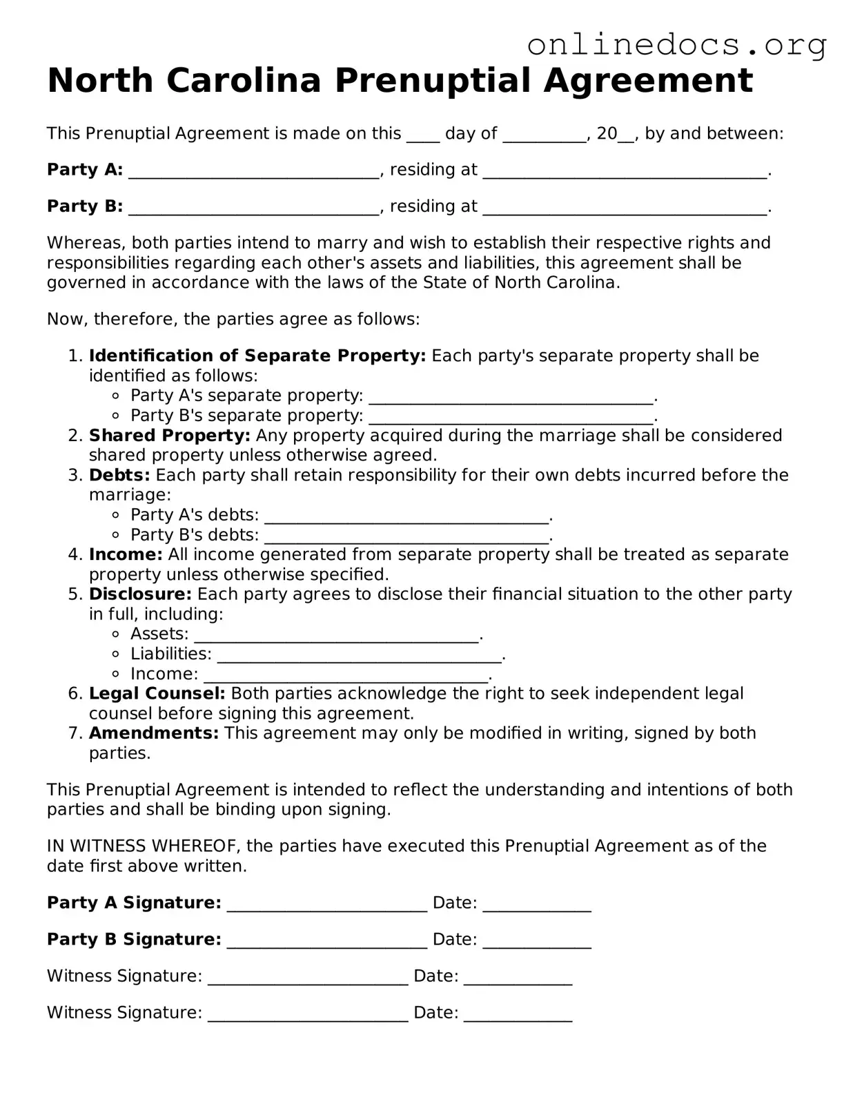 Fillable  Prenuptial Agreement Form for North Carolina