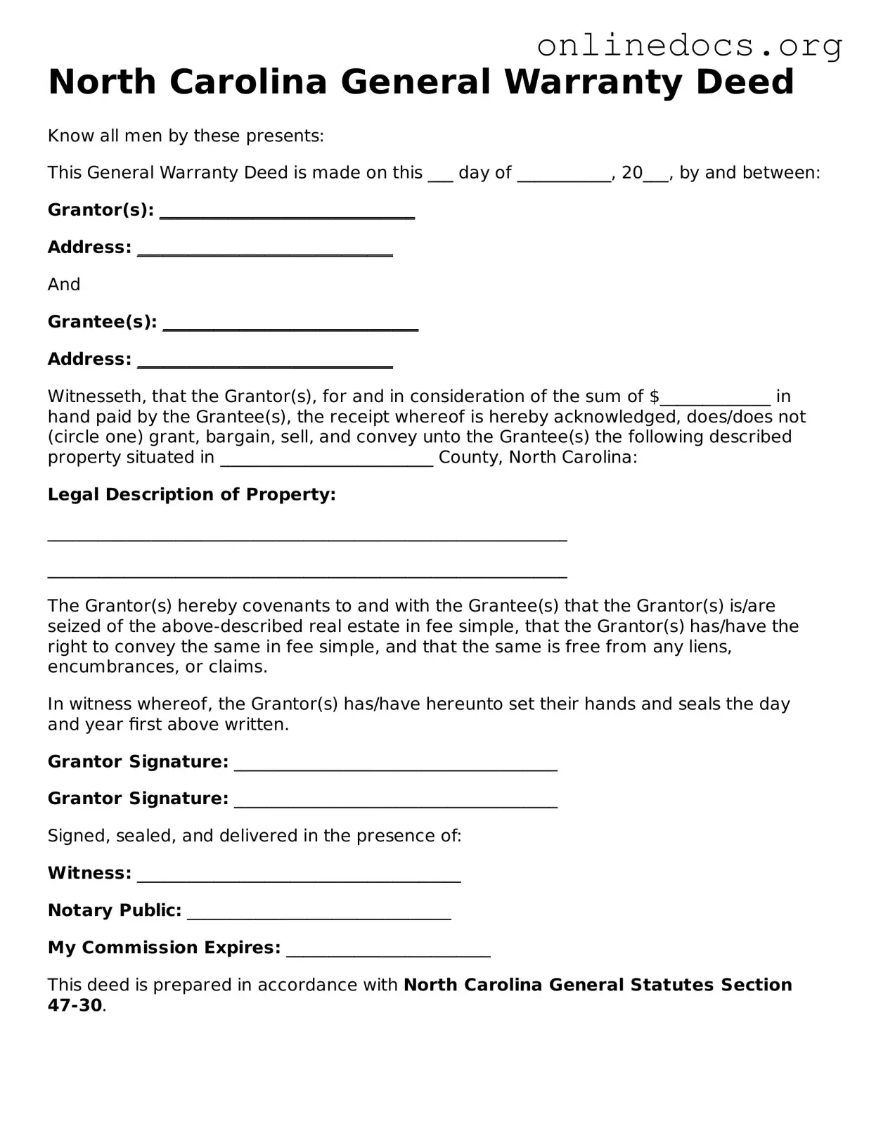 Fillable  Deed Form for North Carolina
